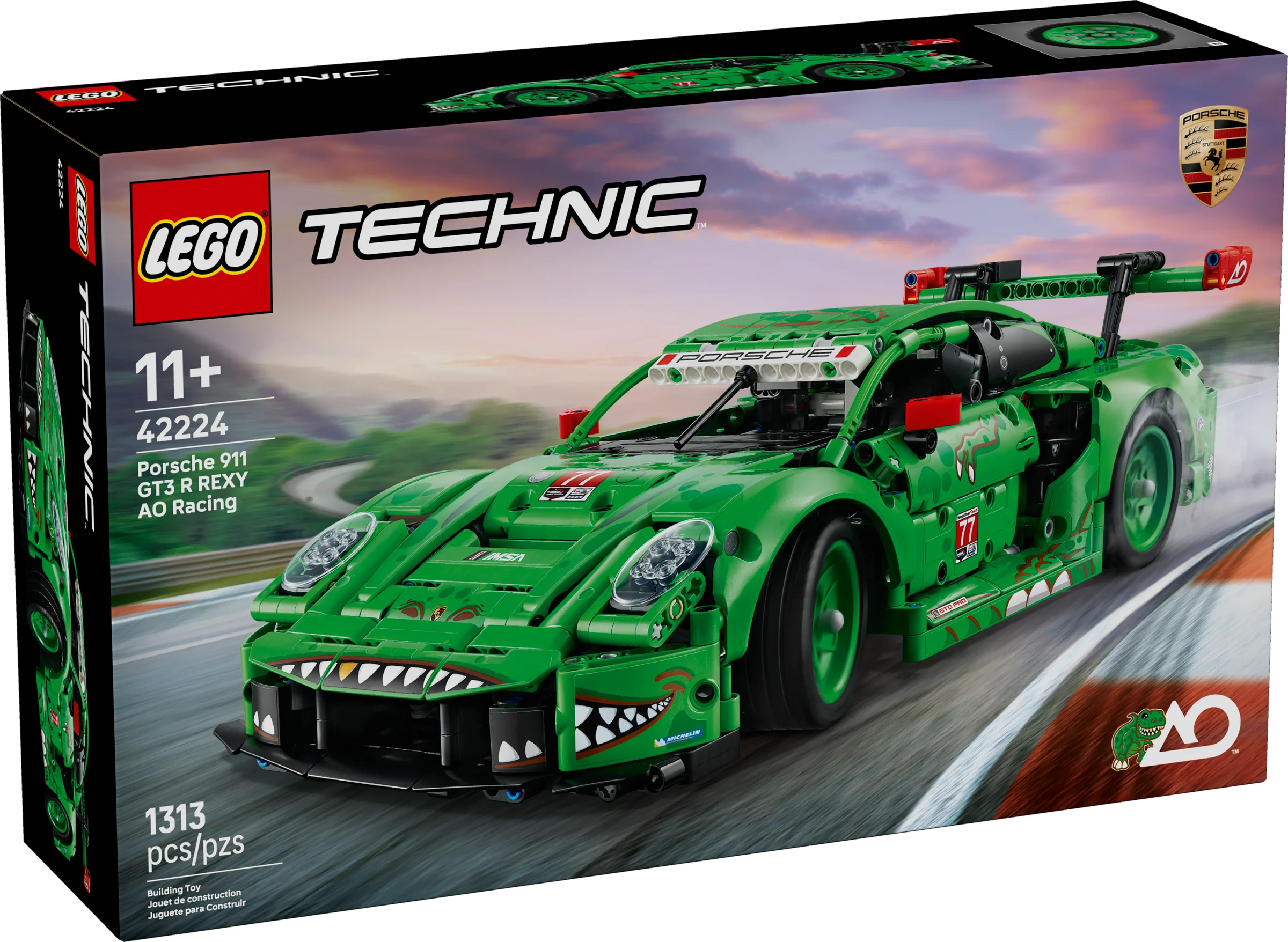 Cutia setului LEGO Technic 42224 Porsche 911 GT3 R REXY AO Racing, verde și plină de detalii.