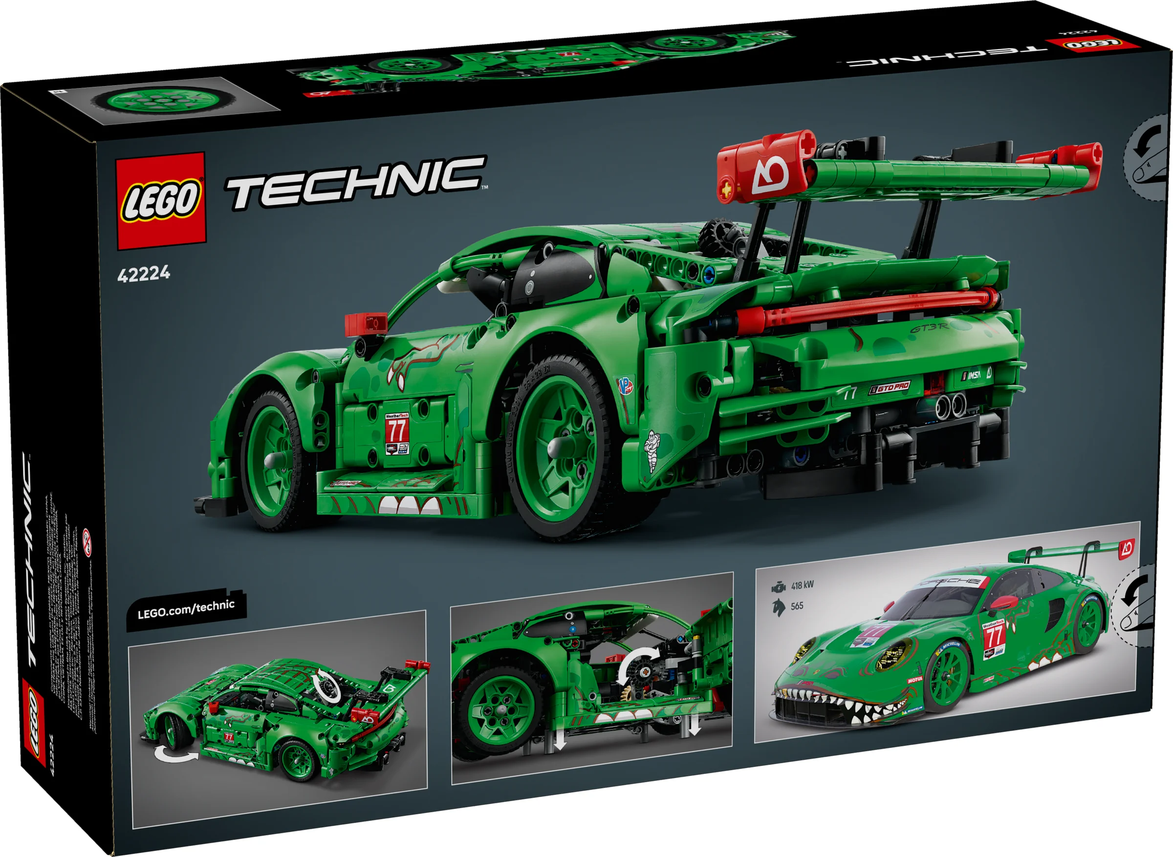 Cutia LEGO Technic 42224 Porsche 911 GT3 R, decorată cu schema REXY AO Racing, verde și detaliată.