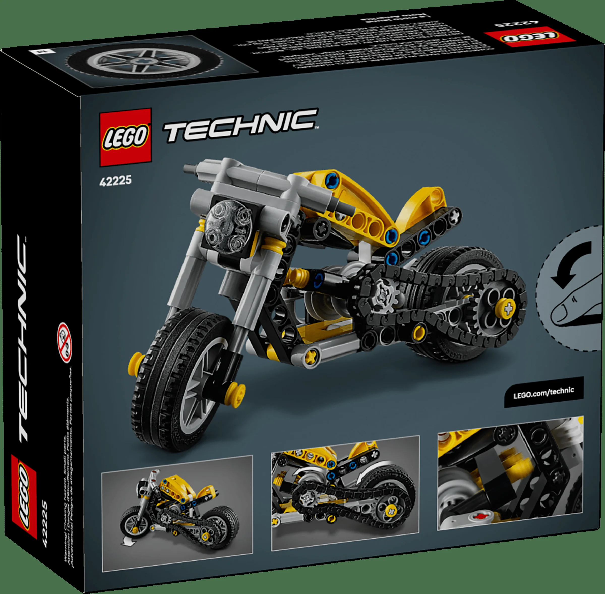 Imagine cu cutia setului LEGO Technic 42225 Motocicleta Galbenă, arătând modelul și funcțiile sale.