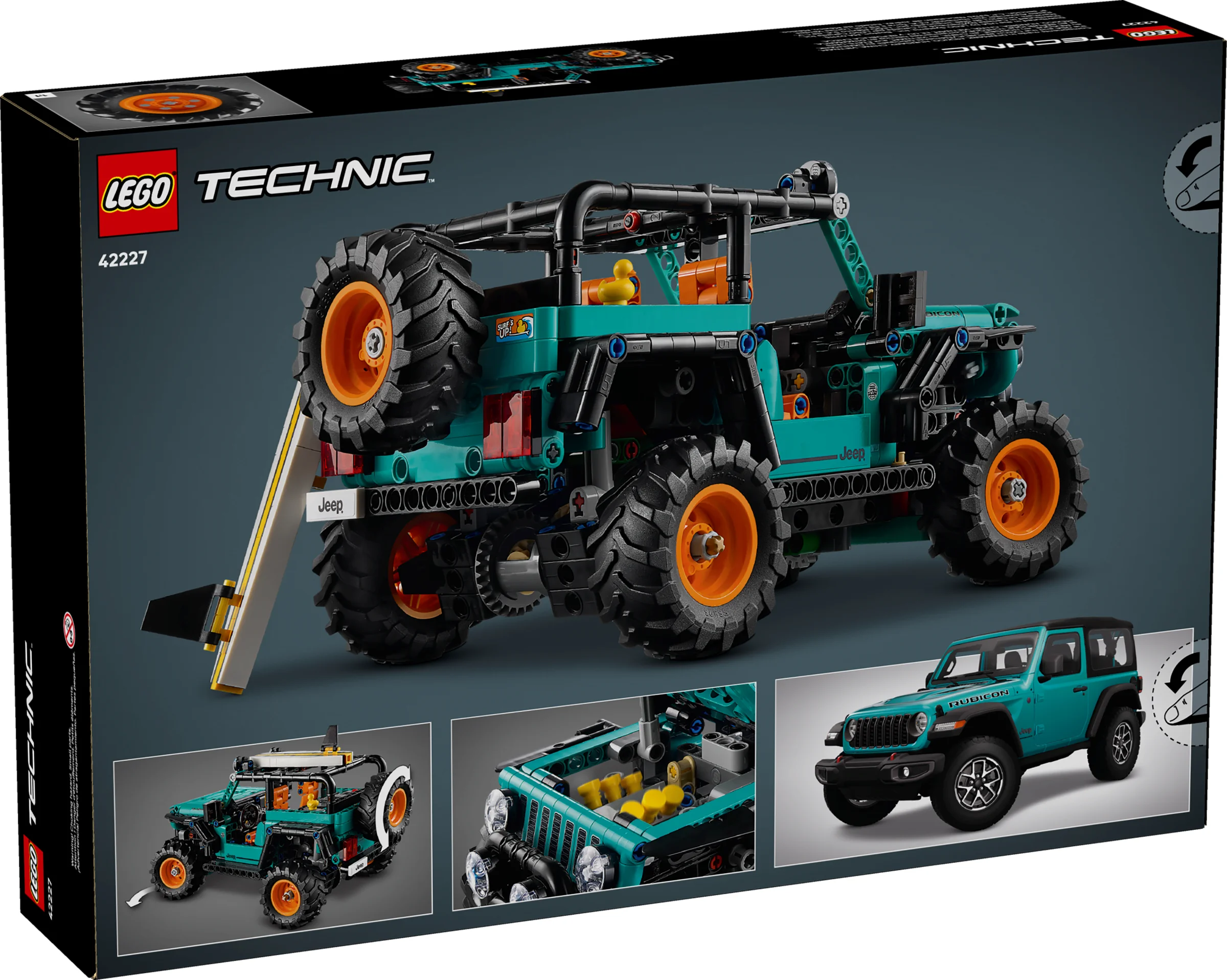 Cutia setului LEGO Technic 42227 Jeep Wrangler Rubicon, cu modelul construit și detalii.