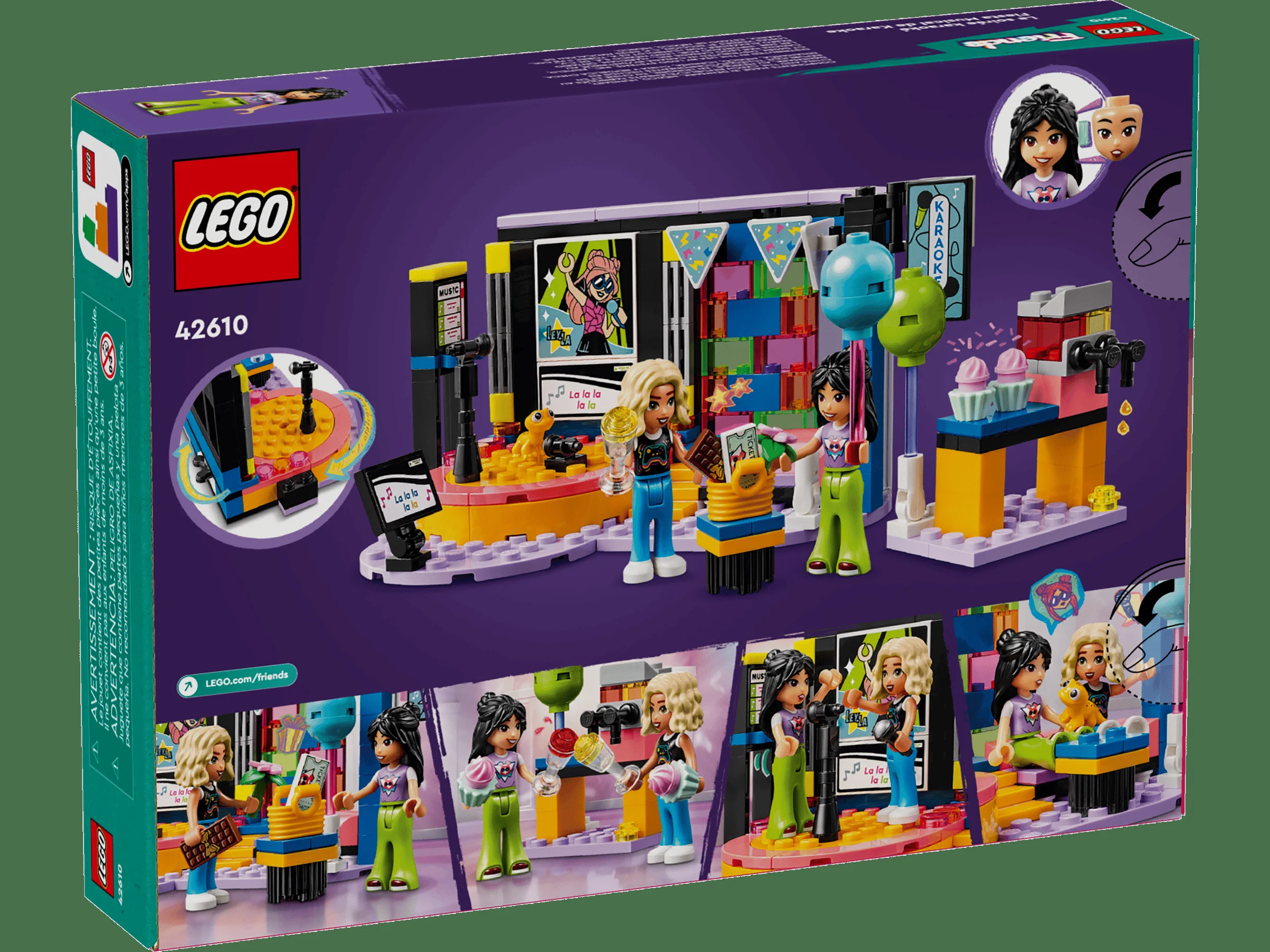 Imagine cu spatele cutiei LEGO Friends 42610, arătând modelul și minifigurinele.