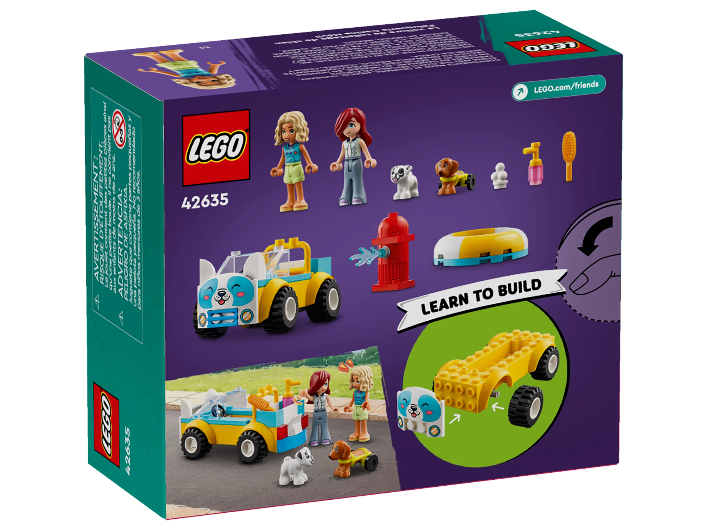 Imagine cu spatele cutiei setului LEGO Friends 42635, detaliind minifigurinele și caracteristicile mașinii.