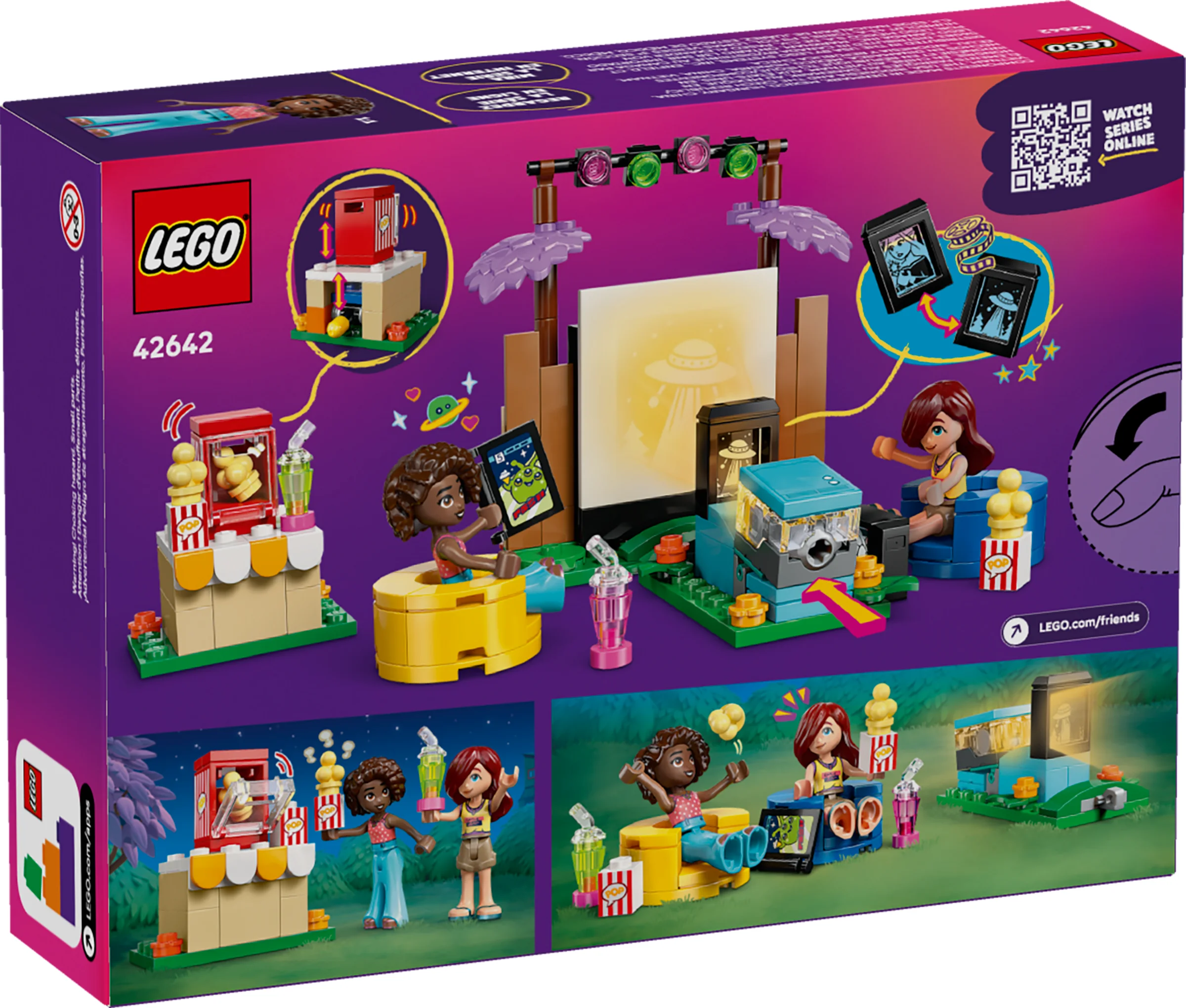Imaginea cutiei LEGO 42642, ce prezintă o seară de film cu prietenii. Detalii despre set și minifigurine.