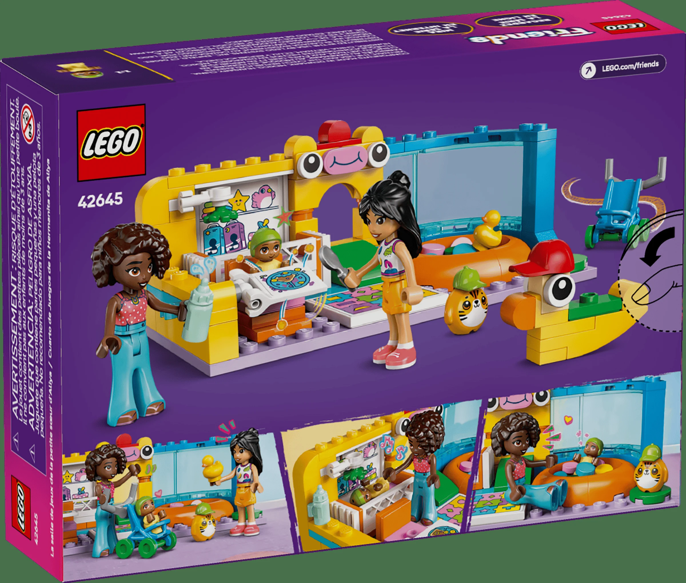 Imagine cu cutia setului LEGO Friends 42645, ilustrând păpuși și zonele de joacă ale surorii lui Aliya.