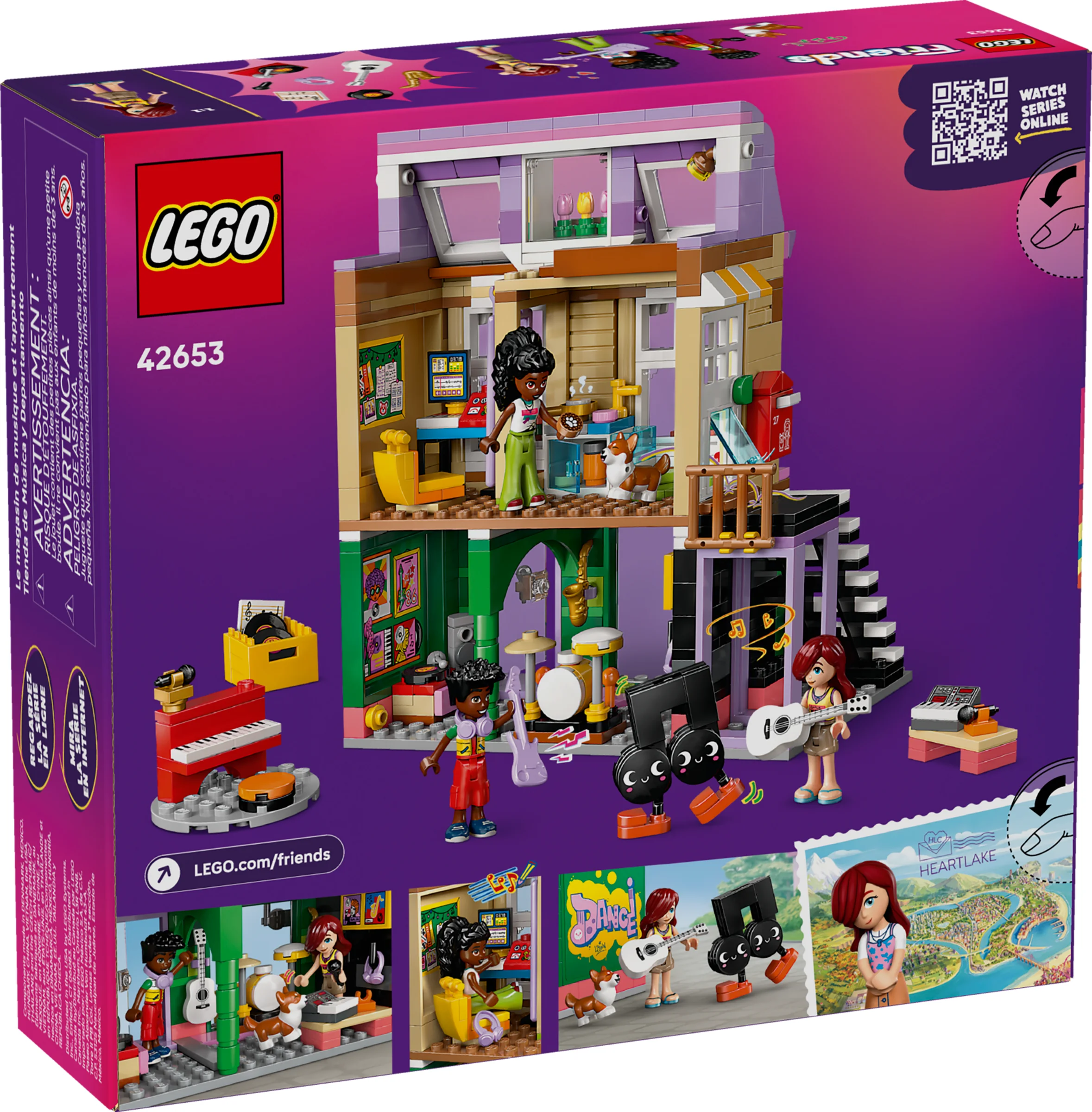 Imagine cu cutia setului LEGO Friends 42653, Magazin de muzică și apartament. 