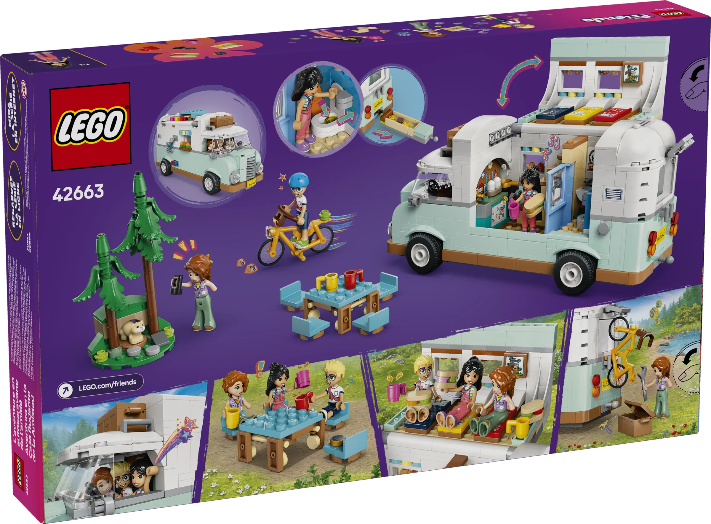Imaginea cutiei setului 42663, cu diverse scene de joacă și detalii ale rulotei. Aventură și prietenie la camping.