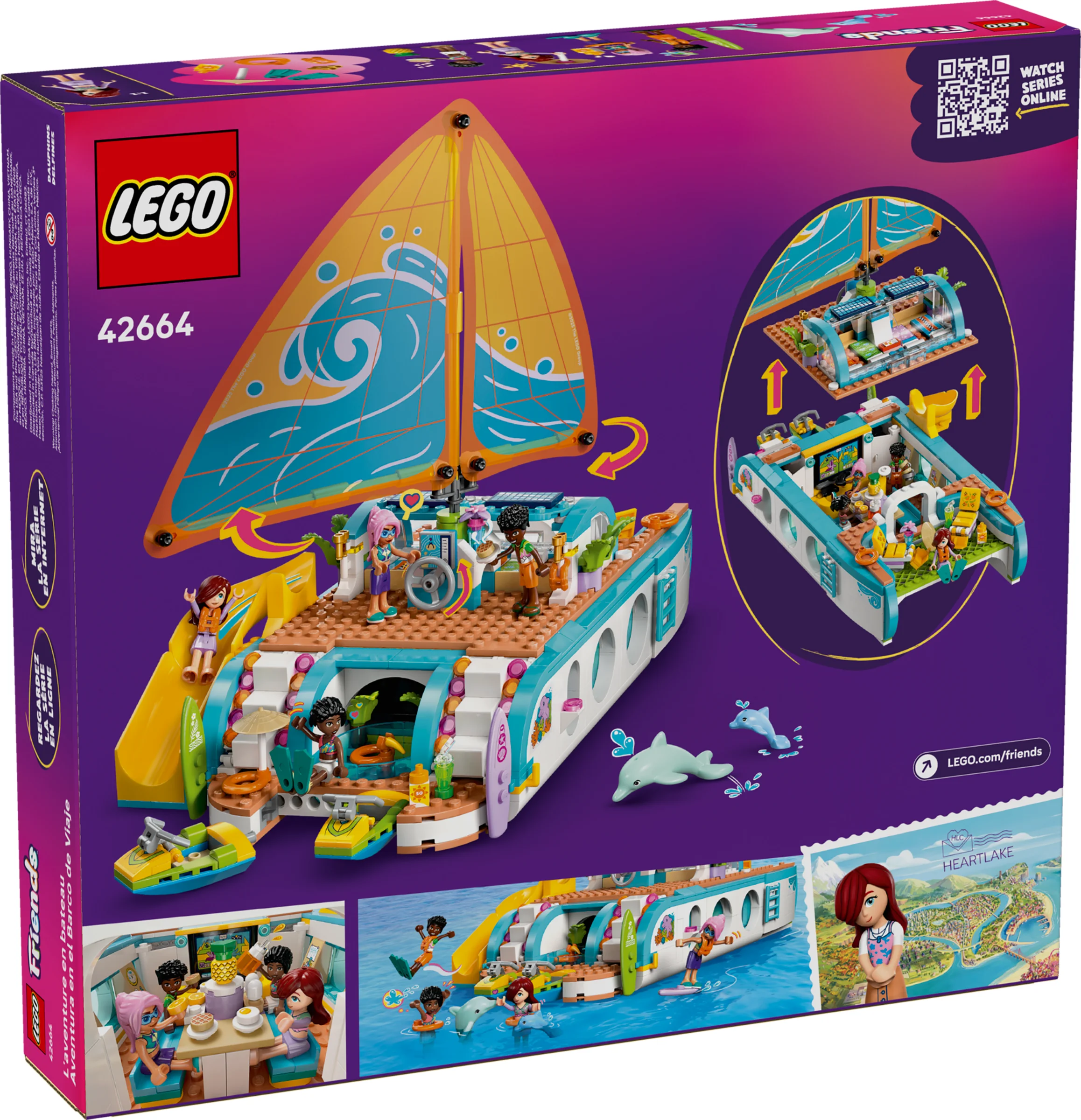 Cutia setului LEGO Friends 42664, cu ilustrații detaliate ale bărcii de călătorie.