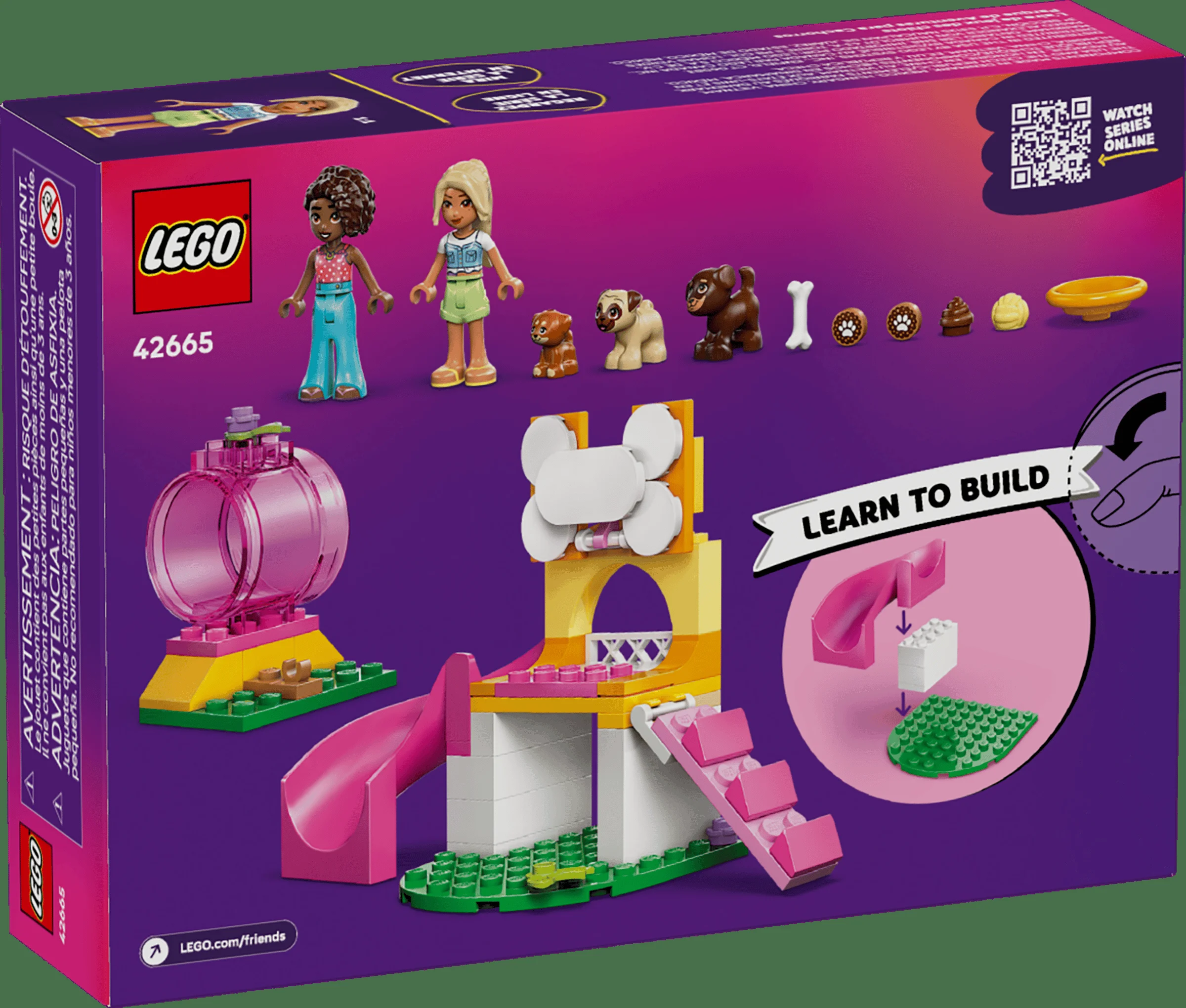 Imagine cu spatele cutiei LEGO Friends 42665, ce prezintă minifigurinele și elemente ale parcului de joacă pentru căței.