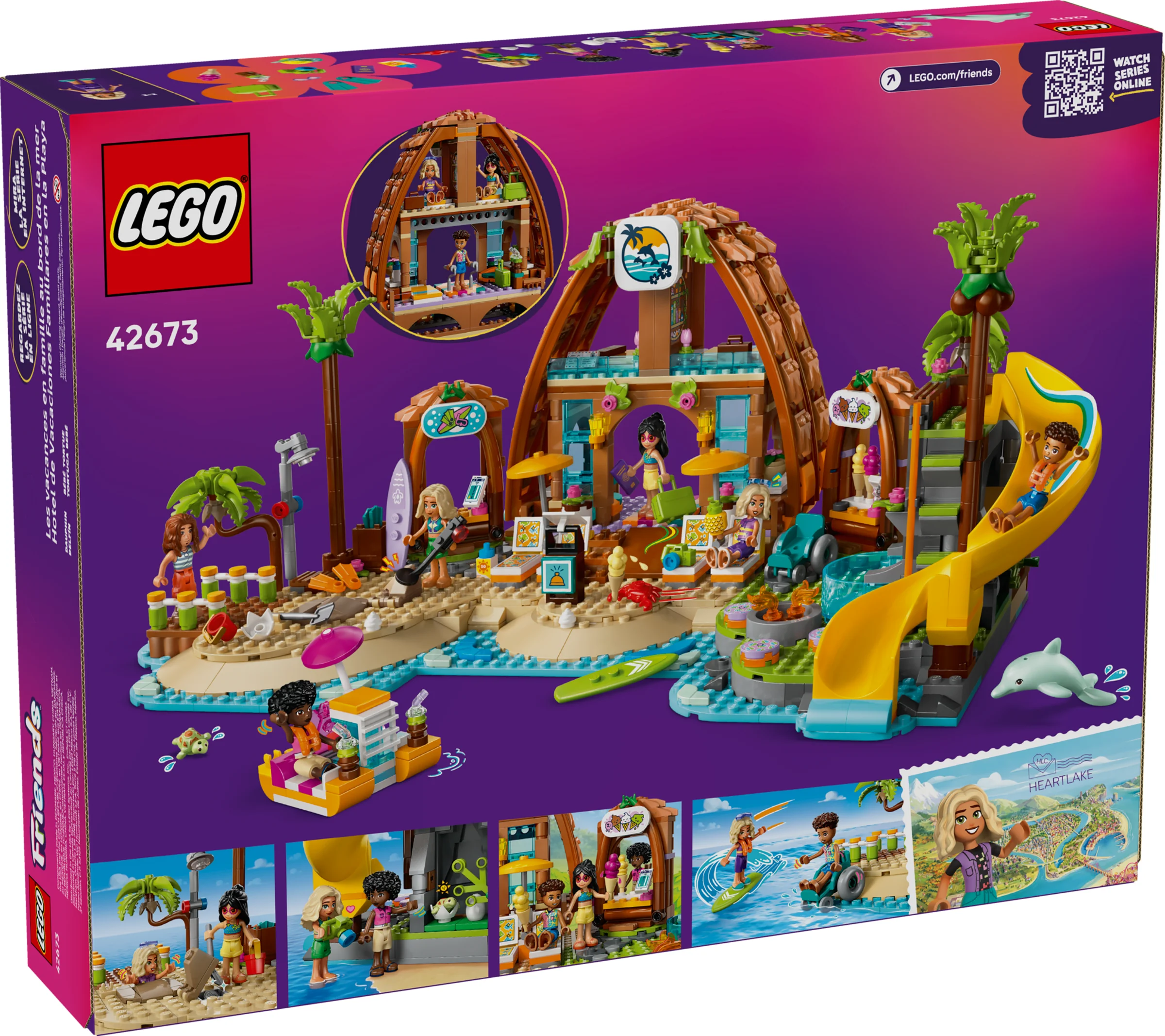 Cutia setului LEGO Friends 42673, cu o imagine detaliată a hotelului de plajă.
