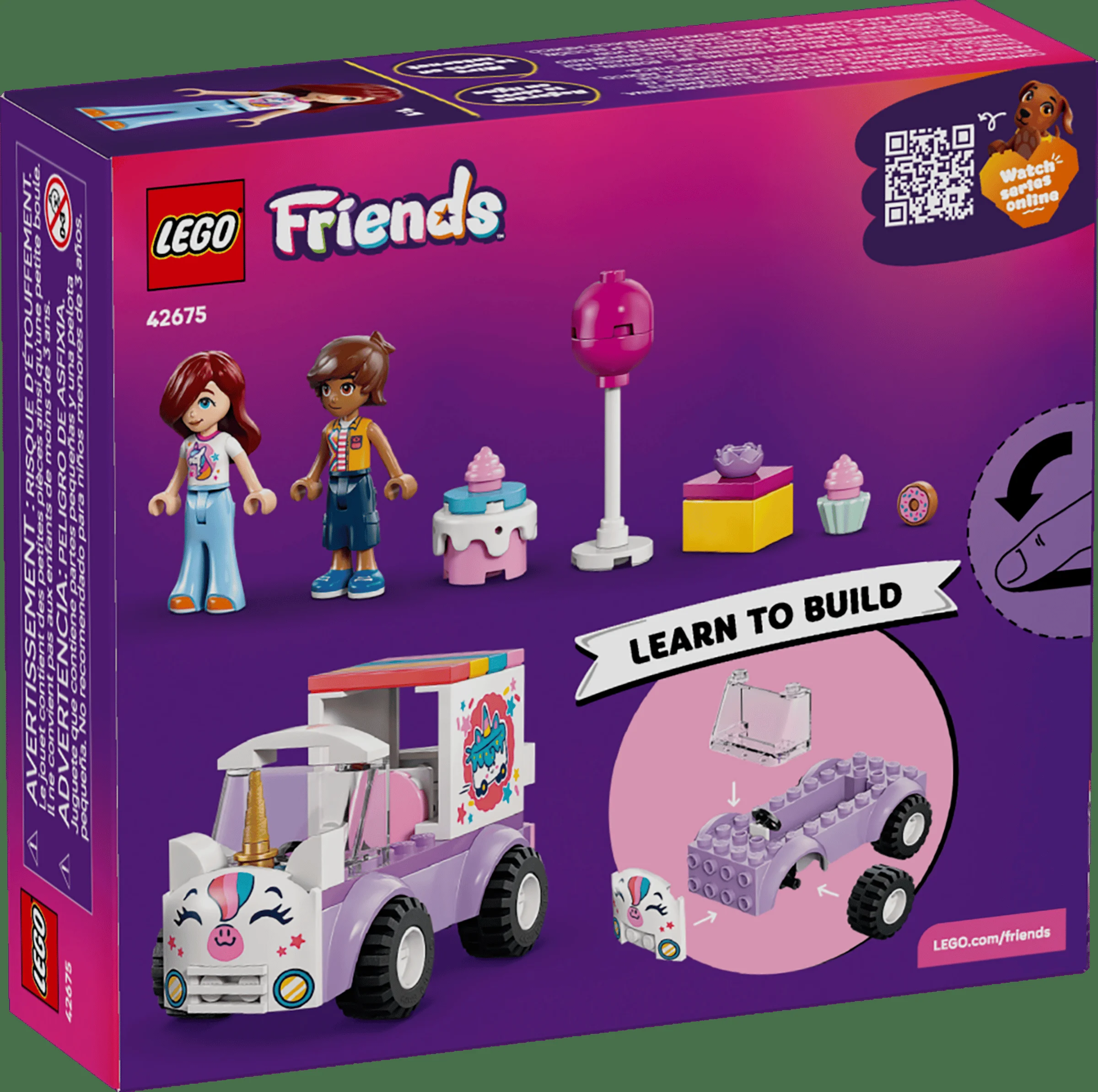 Cutia setului LEGO Friends 42675, cu mașina de livrare tort unicorn și minifigurinele.