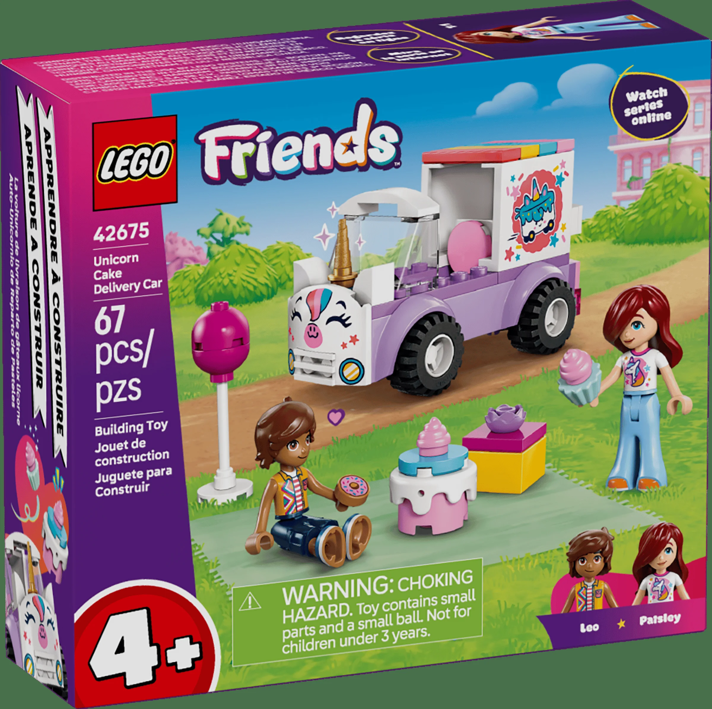 Cutia setului LEGO Friends 42675, cu mașina unicorn și figurinele Leo și Paisley prezentate.