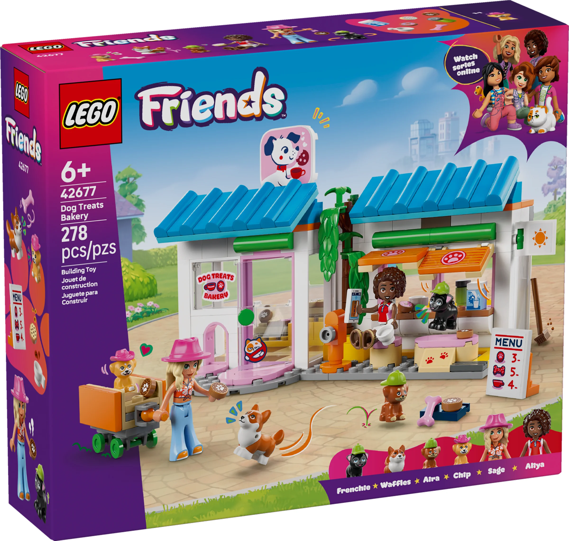 Cutie LEGO Friends 42677 cu brutăria de bunătăți pentru câini. Include mini-figurine și accesorii adorabile.