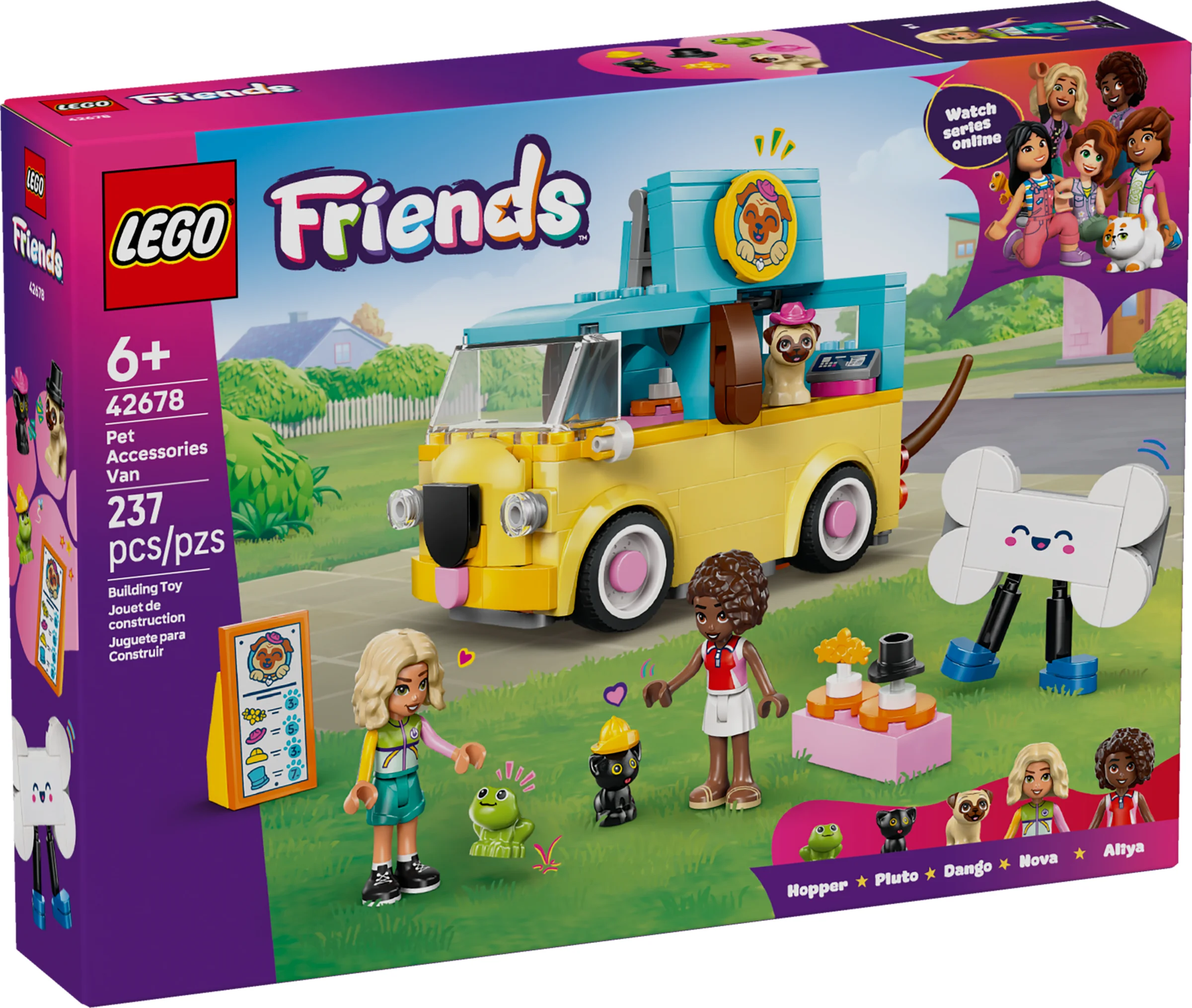 Cutie LEGO Friends 42678, cu furgonetă accesorii animale, minifigurine Nova, Aliya și animalele de companie.