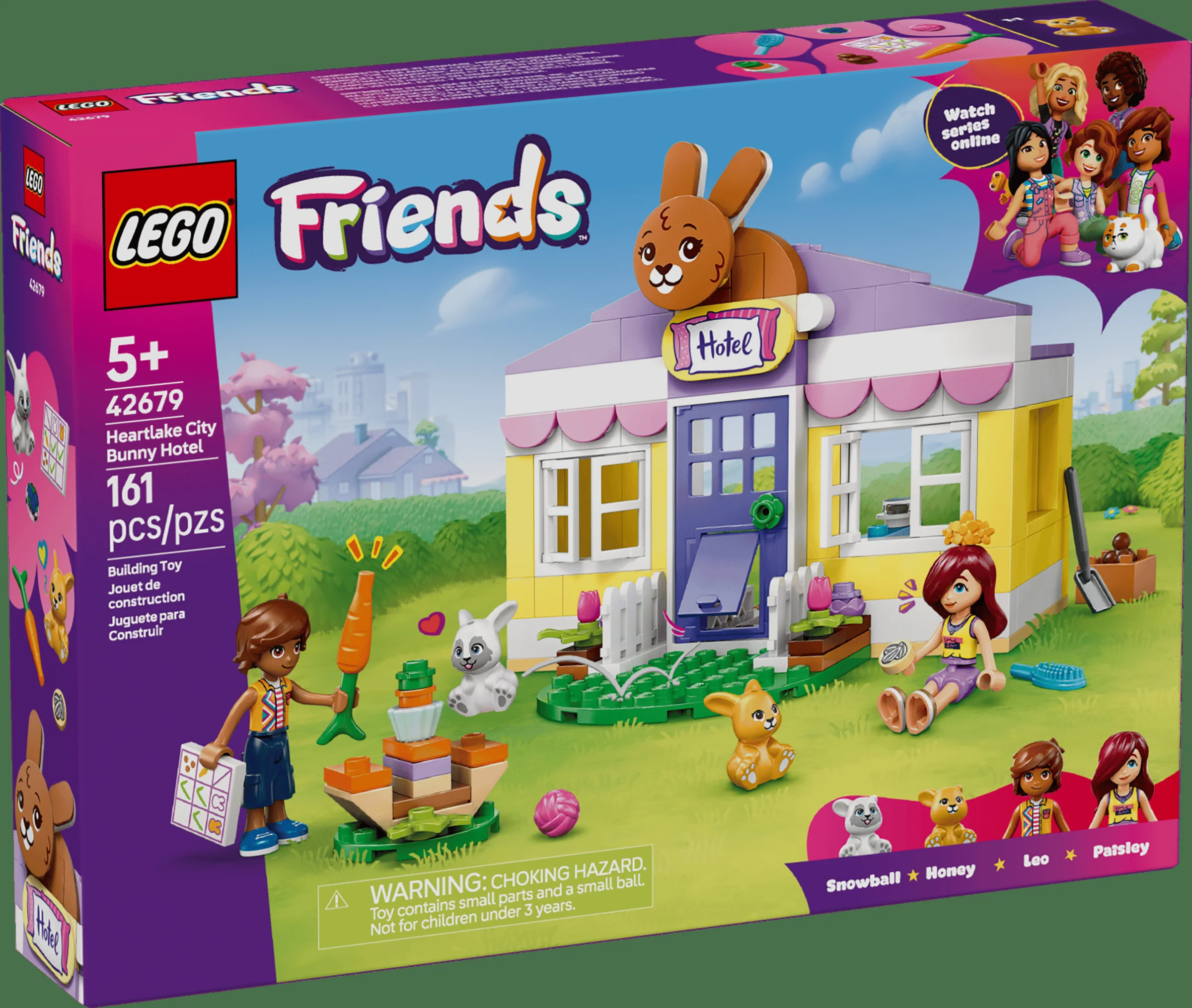 Cutie LEGO Friends 42679 cu hotelul iepurașilor din Heartlake City, viu colorată și detaliată.
