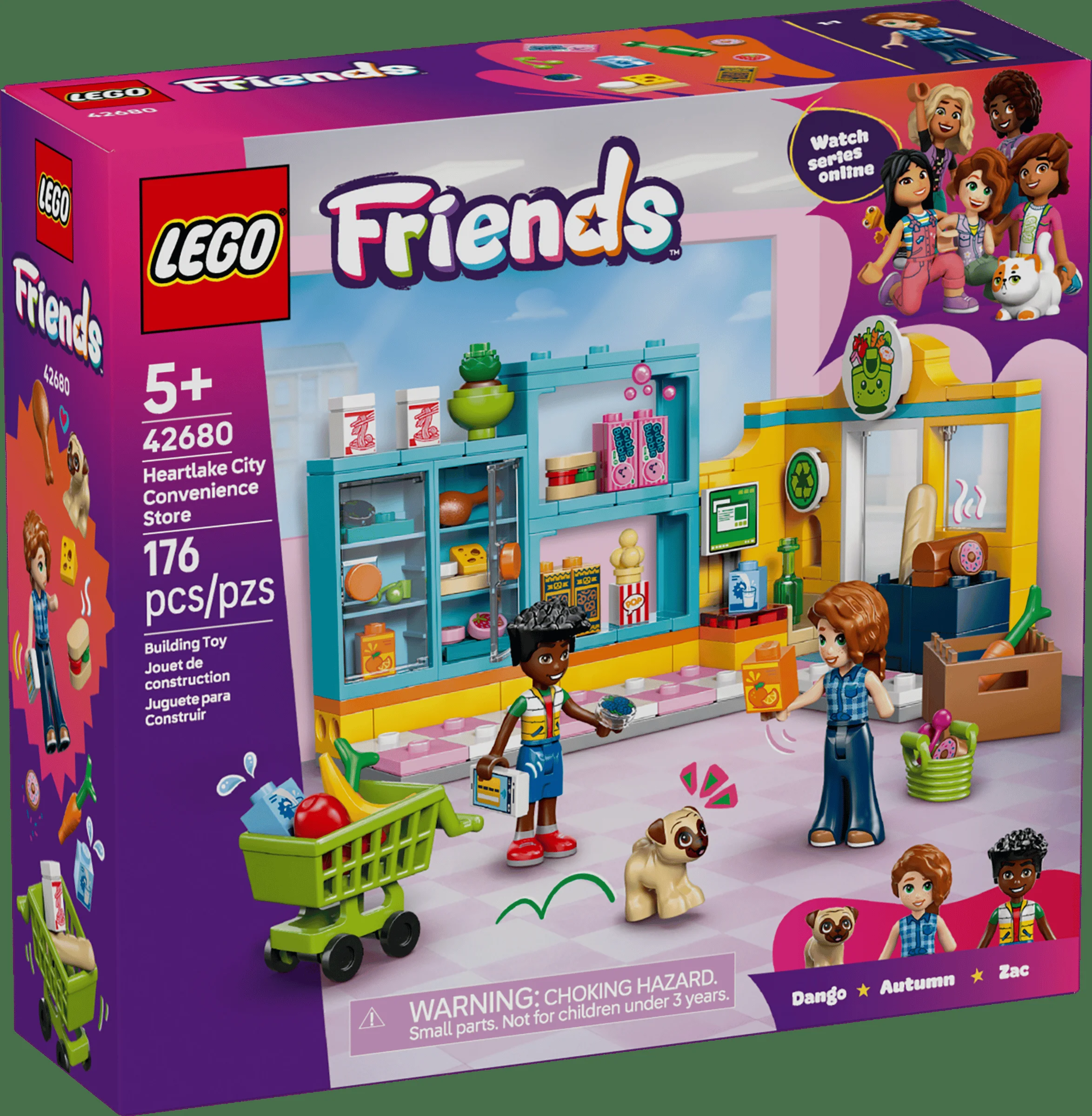 Imaginea cutiei LEGO Friends 42680, cu supermarket, minifigurine și detalii despre set.