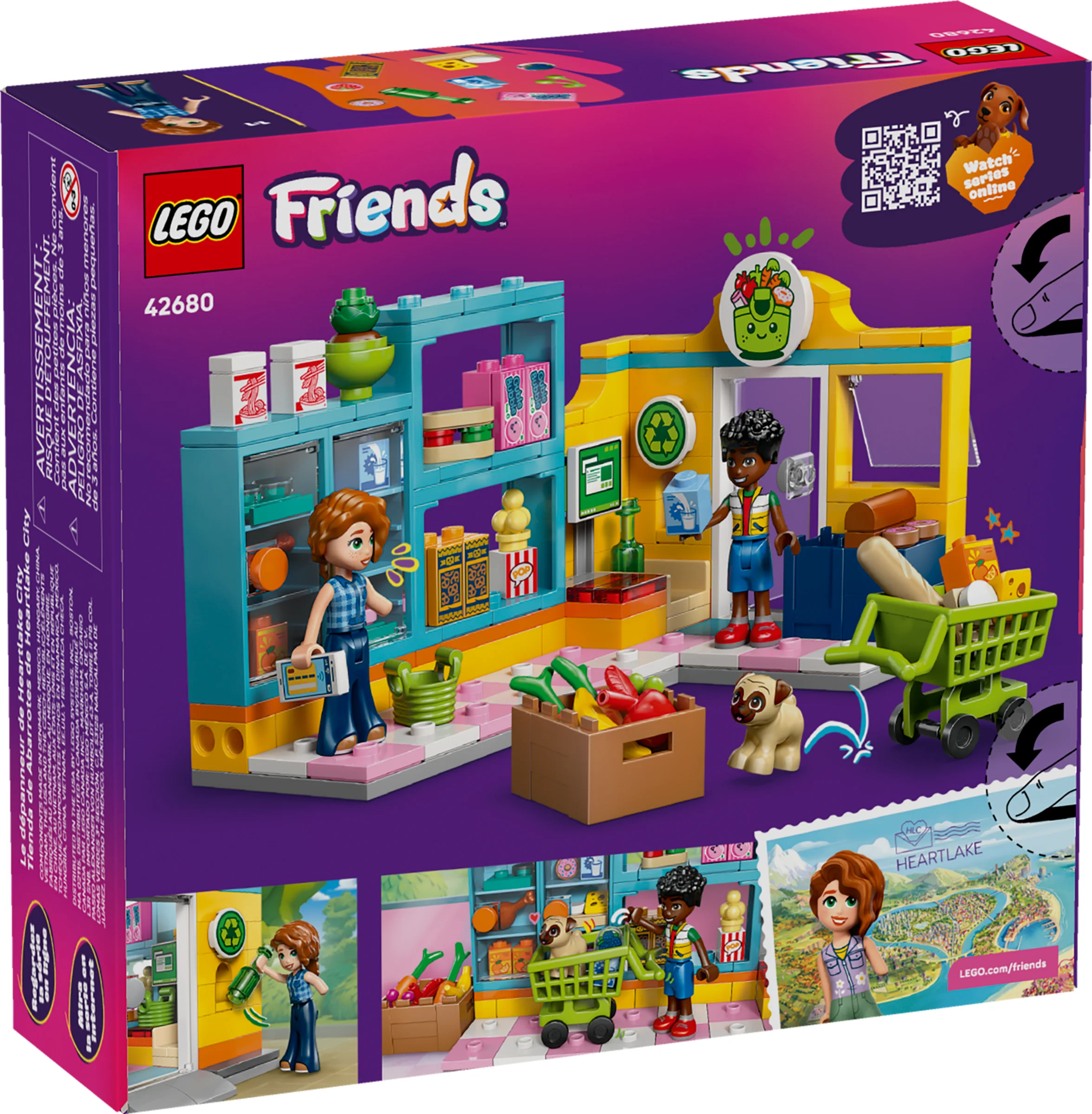 Imaginea cutiei cu setul LEGO Friends 42680, cu mini-supermarketul din Heartlake City și figurine.
