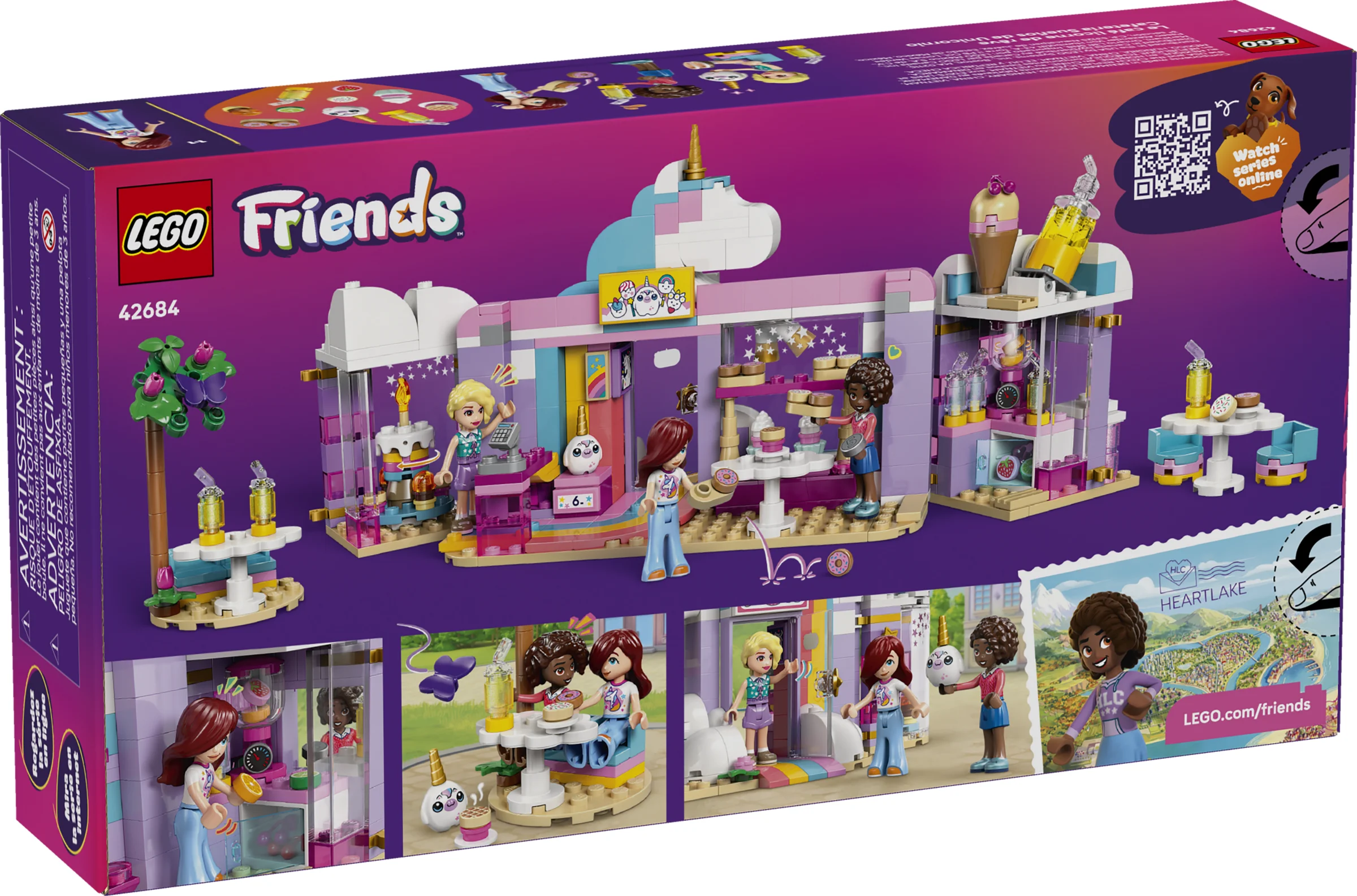 Cutia setului LEGO Friends 42684, Cafeneaua Unicorn Dream, prezintă modelul asamblat și minifigurinele.