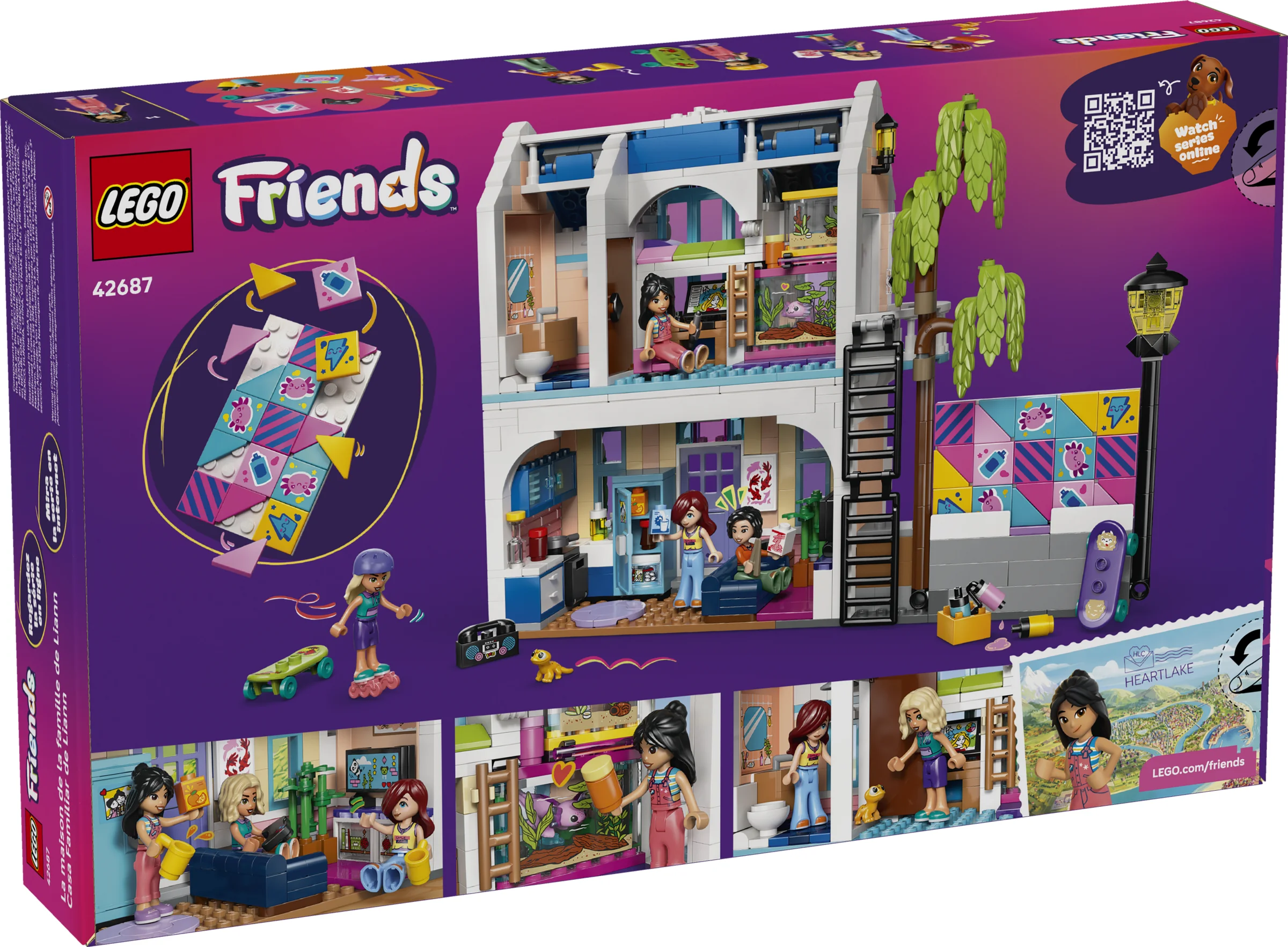 Imagine cu cutia setului LEGO Friends 42687, Casa familiei lui Liann. Detalii despre set și minifigurine.