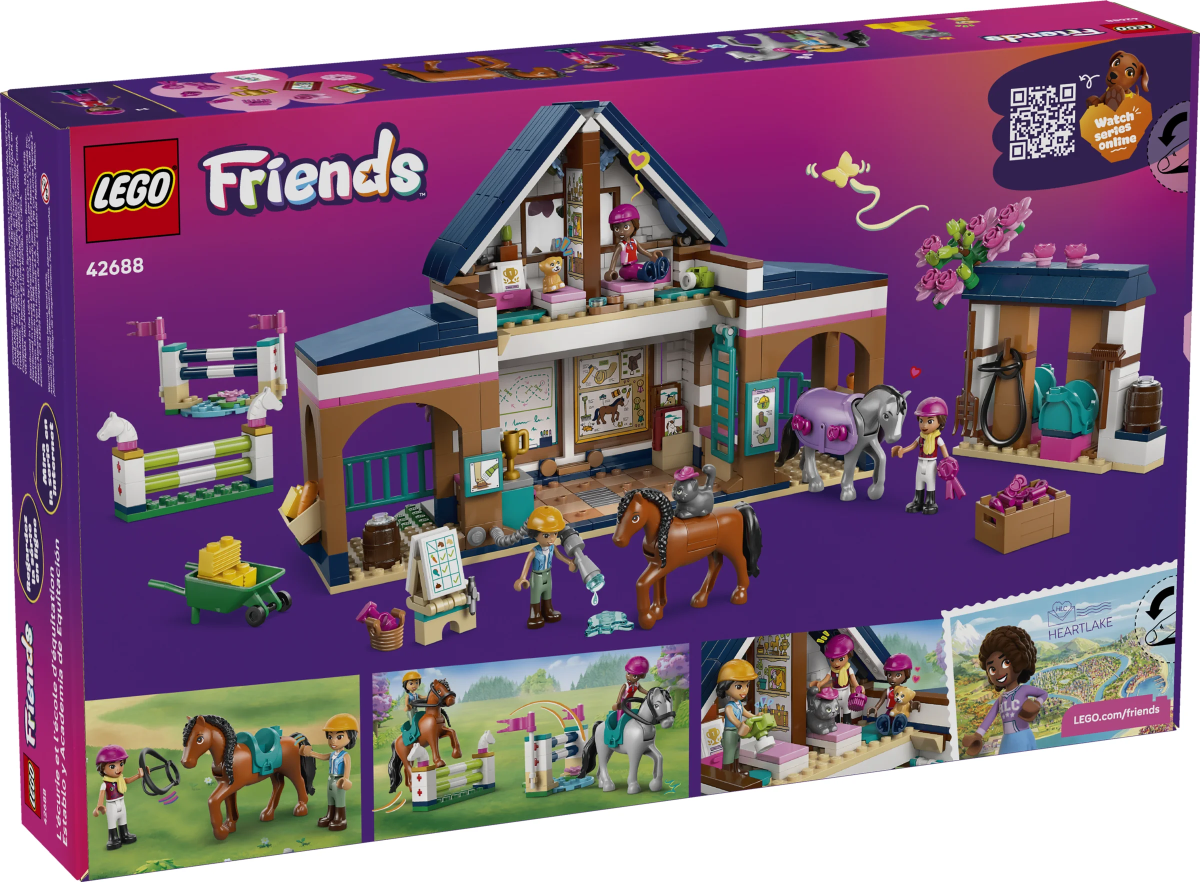 Imagine cu cutia setului LEGO Friends 42688, cu grajdul și academia de echitație prezentate detaliat.