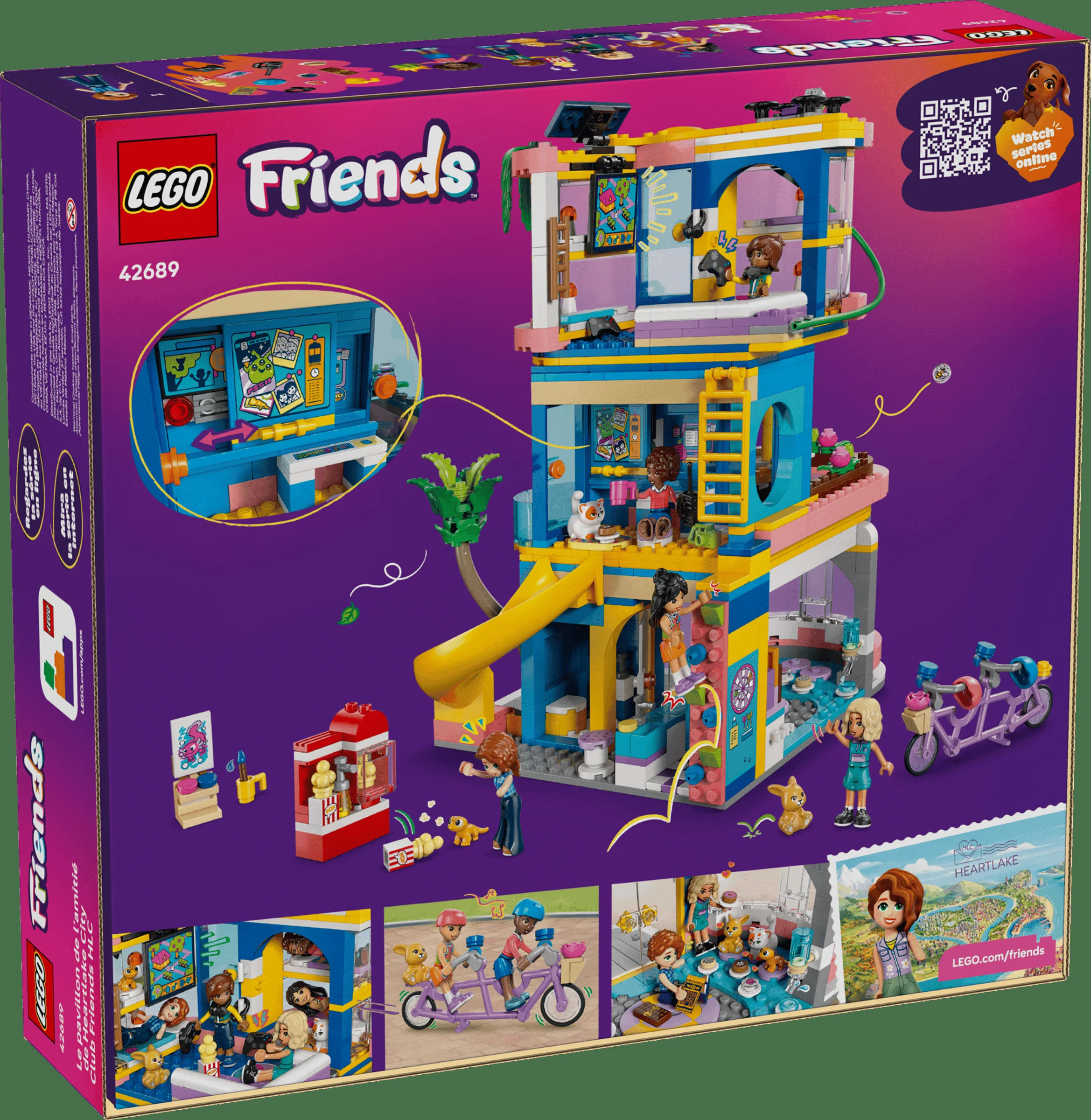 Cutia setului LEGO Friends 42689, cu modelul clădirii Club House și minifigurinele incluse.