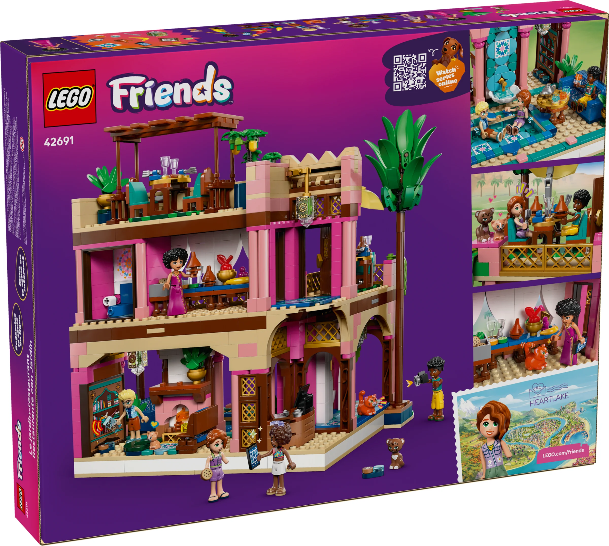 Imagine cu cutia setului LEGO Friends 42691, Restaurantul din grădină, ce prezintă modelul construit și minifigurinele.