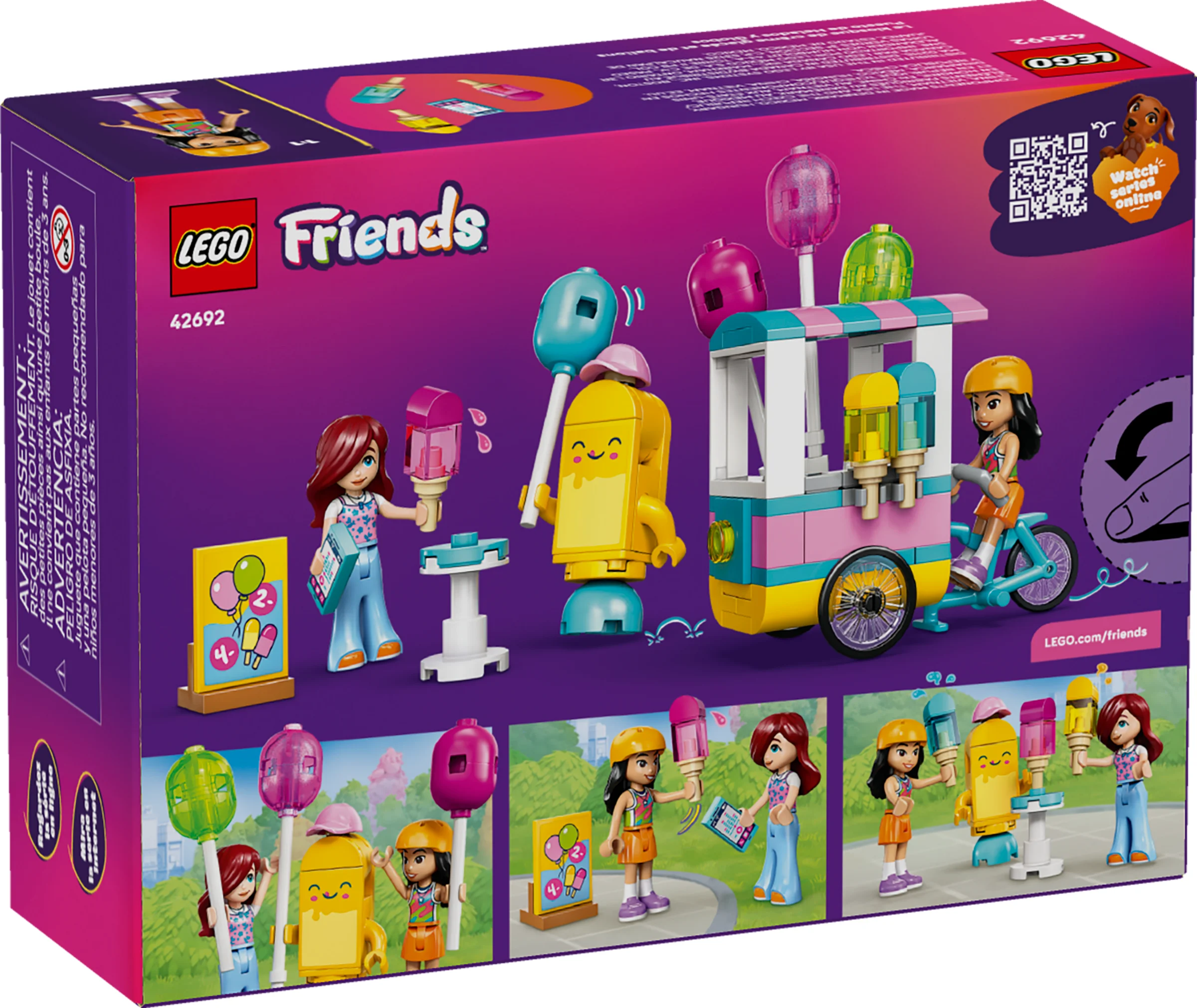 Cutia LEGO Friends 42692, cu ilustrații ale setului și personajelor. Set detaliat.