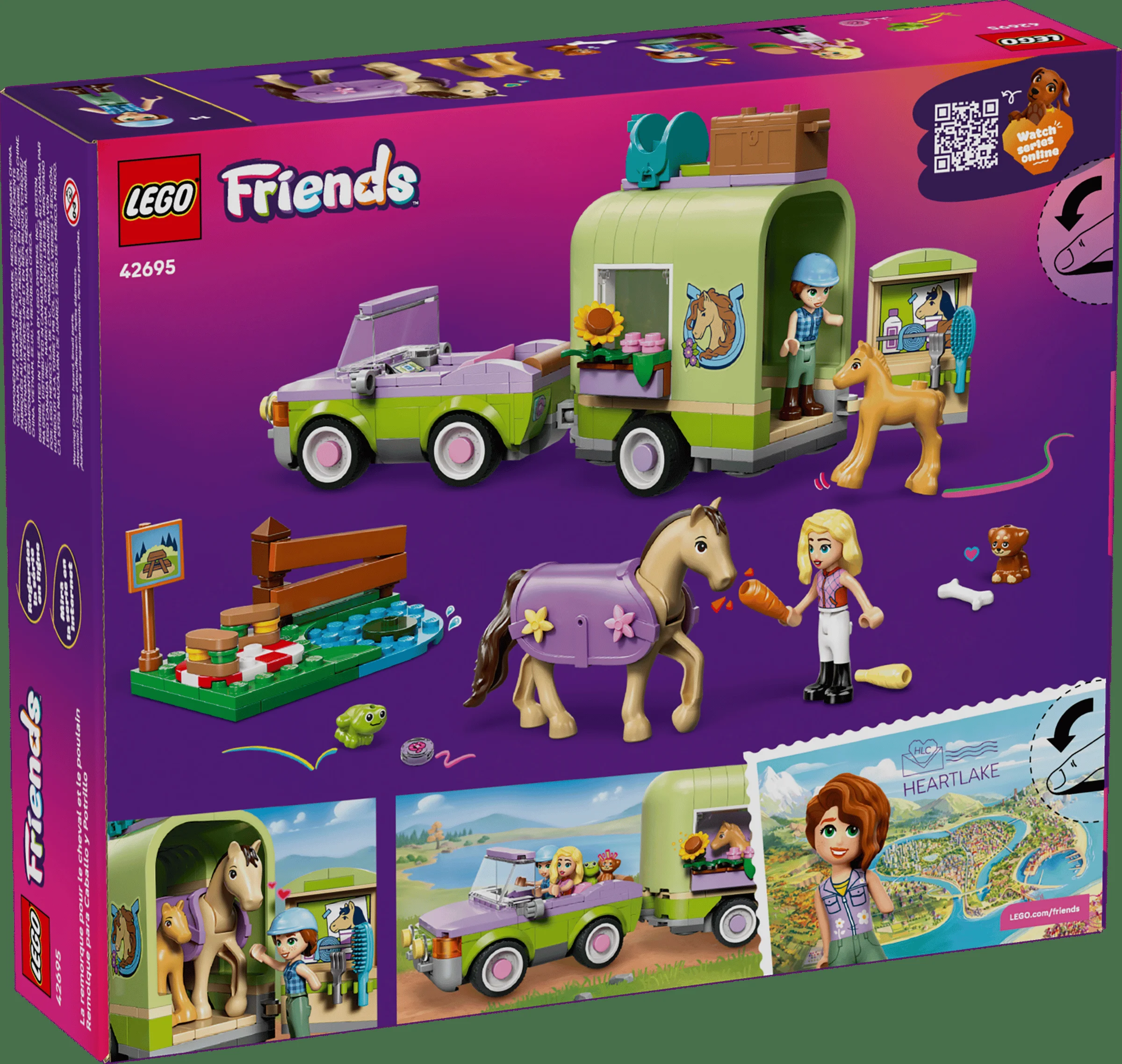 Cutia LEGO Friends 42695 prezintă mașina cu remorcă pentru cai, minifigurine și accesorii.