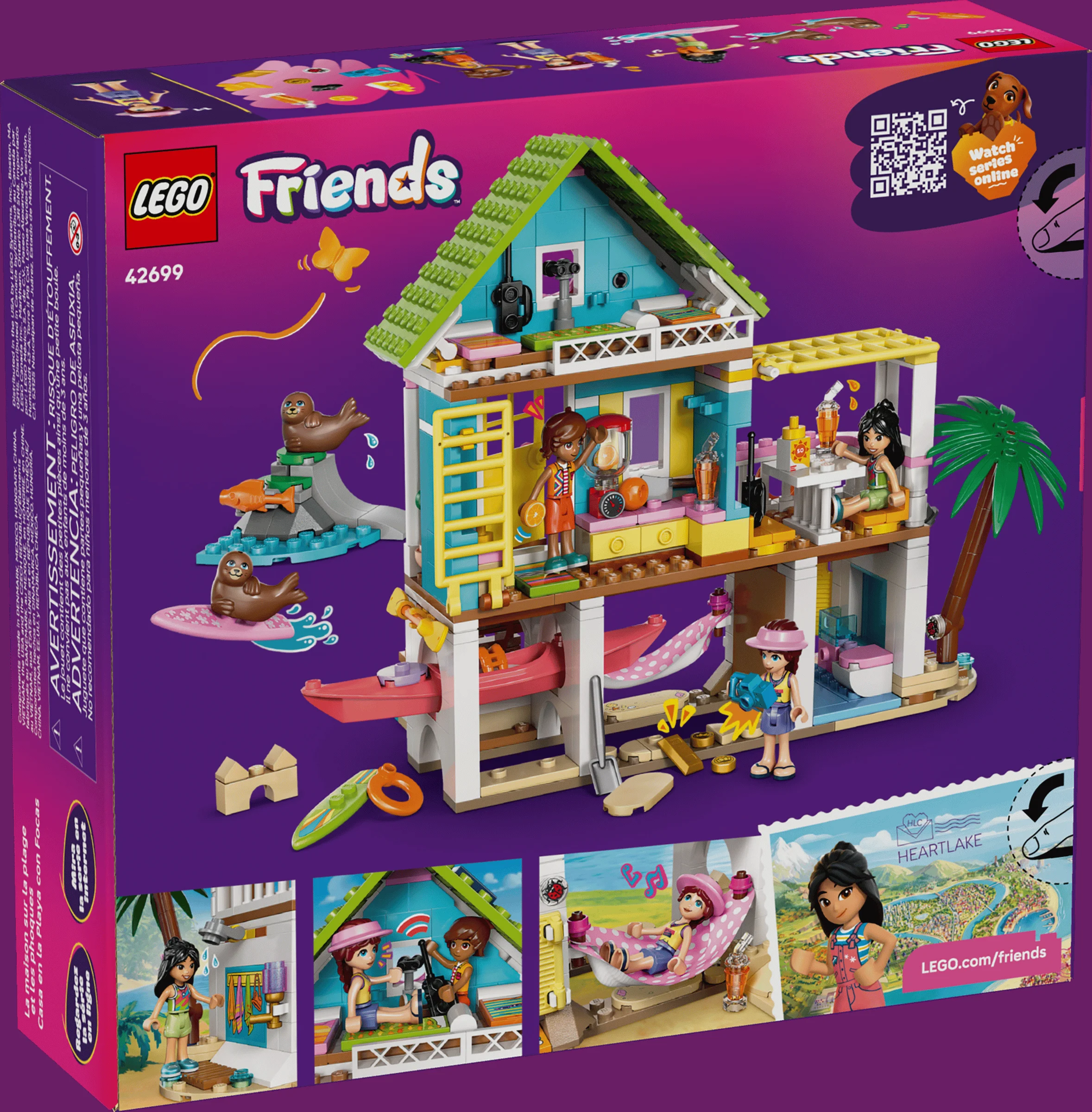 Imagine cu casa de vacanță LEGO Friends 42699 cu foci, pe cutia produsului.