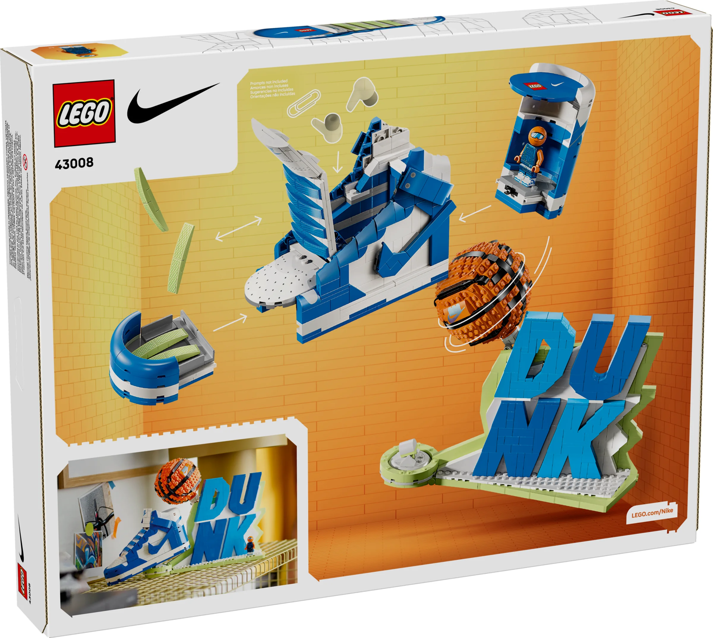Spatele cutiei LEGO Nike Dunk 43008 prezintă modelul și accesorii. Instrucțiuni, detalii de asamblare.