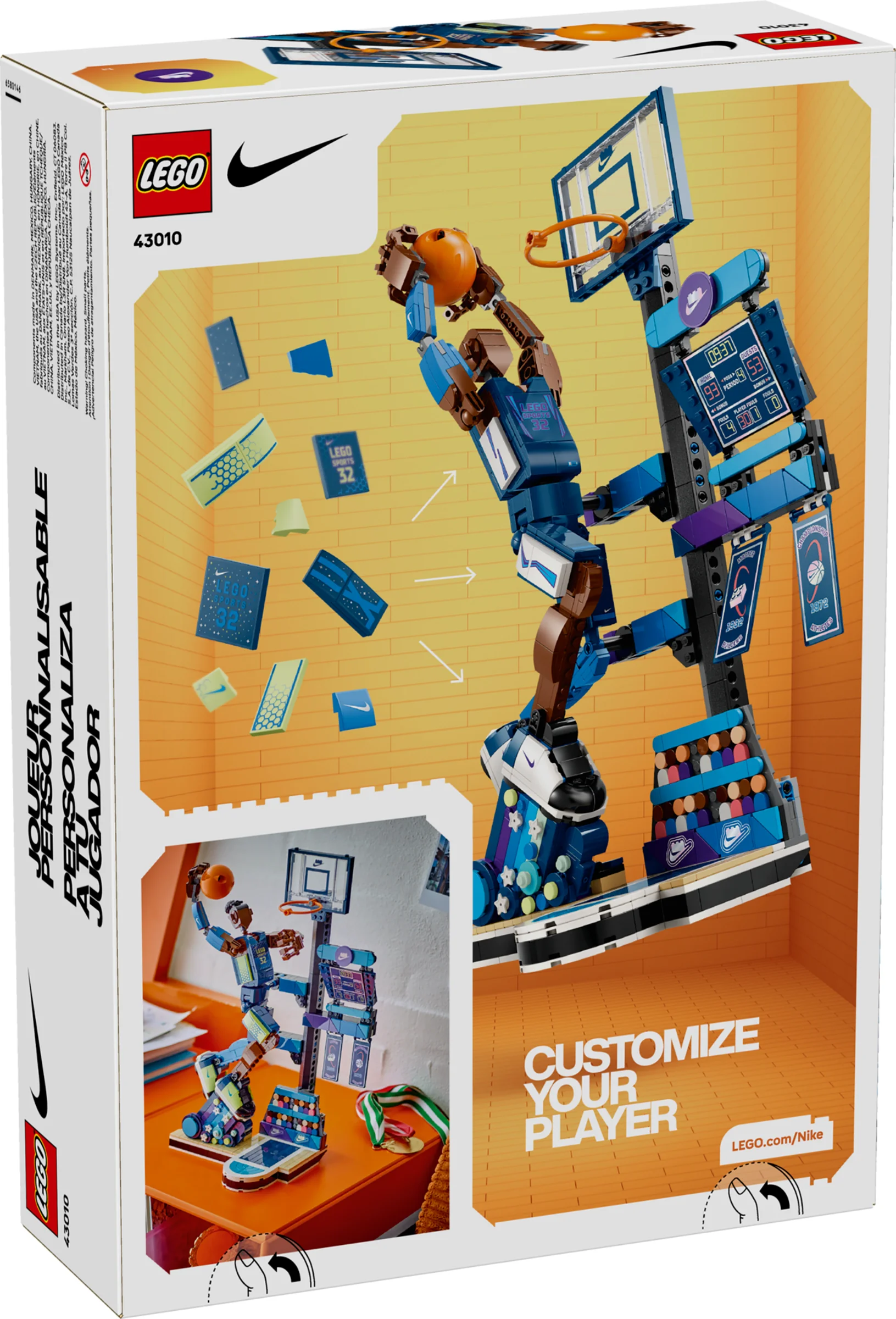 Imagine cu cutia setului LEGO 43010 Nike Slam Dunk, ce prezintă modelul și opțiunile de personalizare.