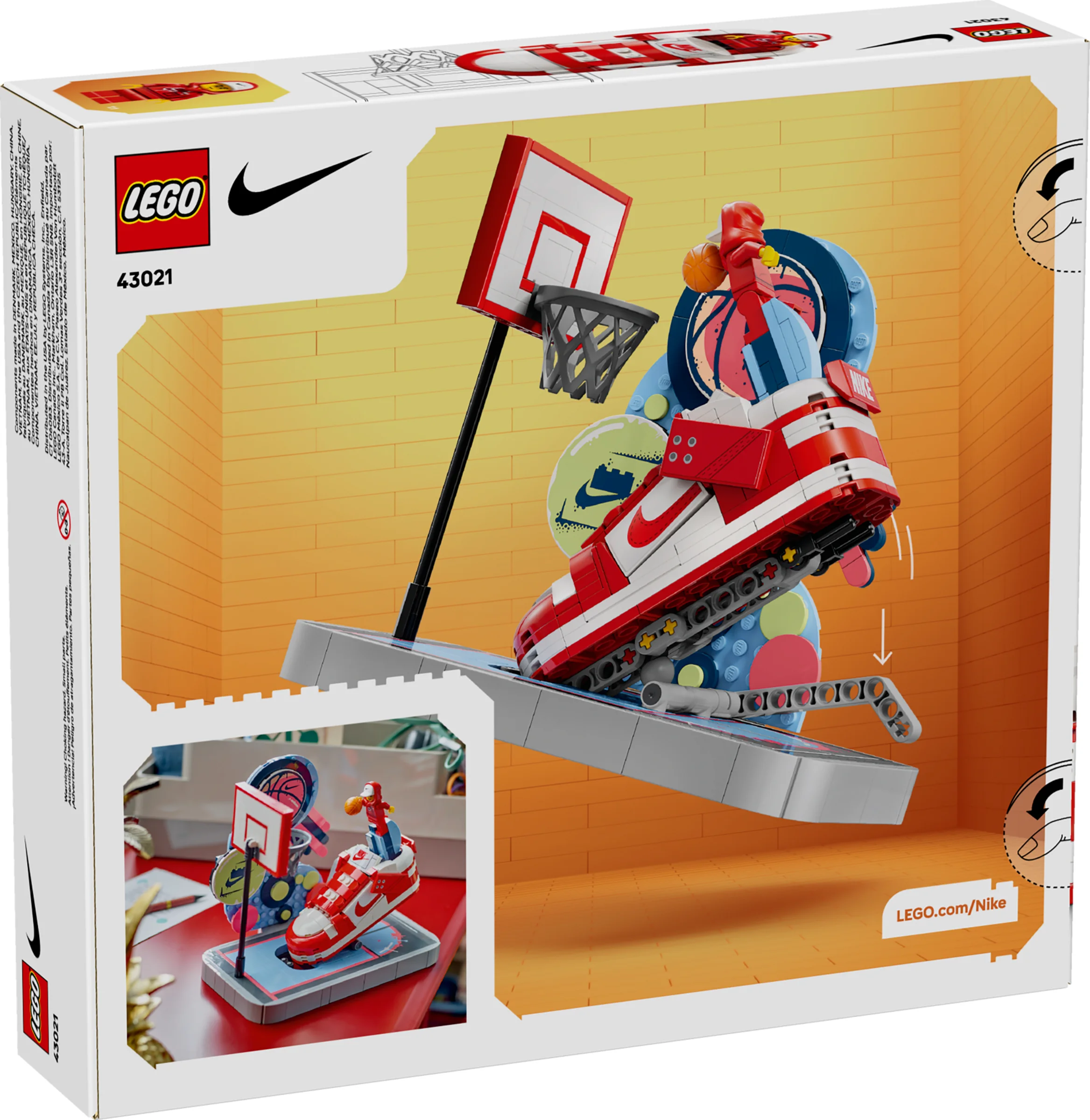 Cutia setului LEGO 43021 Nike Dunk Trickshot, cu modelul asamblat și detalii grafice.