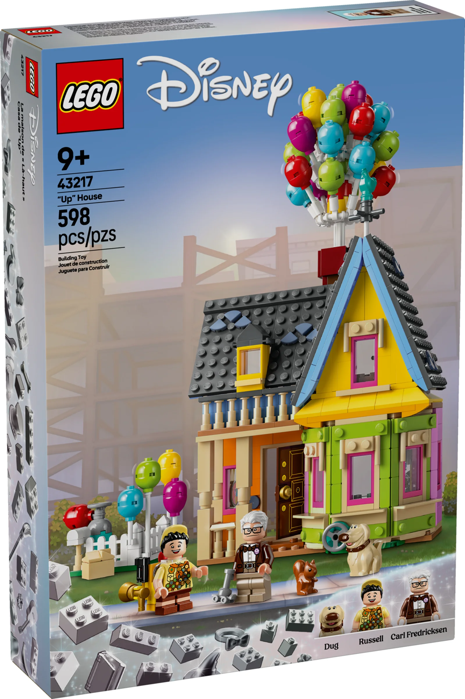 Cutia LEGO 43217 Casa din 'Up', cu modelul asamblat și minifigurinele. Detaliu colorat și atrăgător.