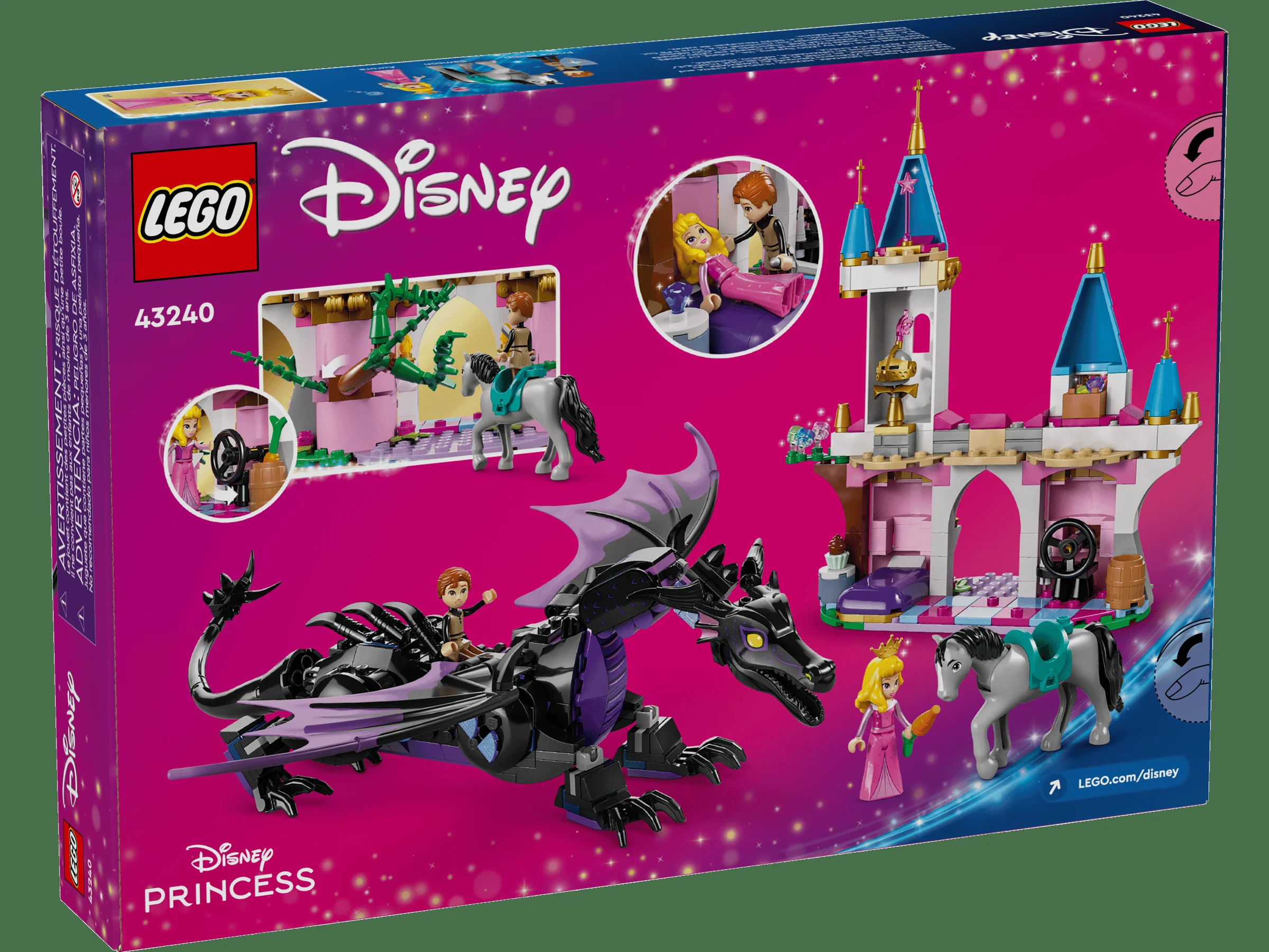 Cutia LEGO 43240 prezintă dragonul lui Maleficent și castelul Aurorei. Set detaliat.