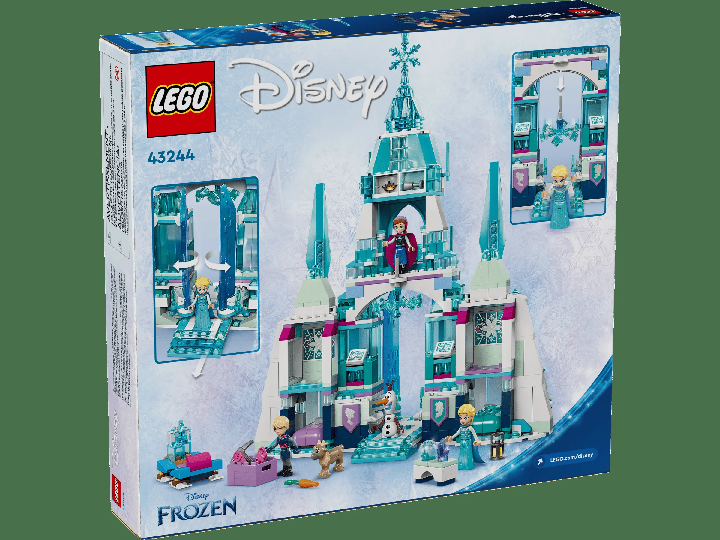 Cutia setului LEGO 43244, Palatul de Gheață al Elsei, prezintă modelul finalizat și minifigurinele.