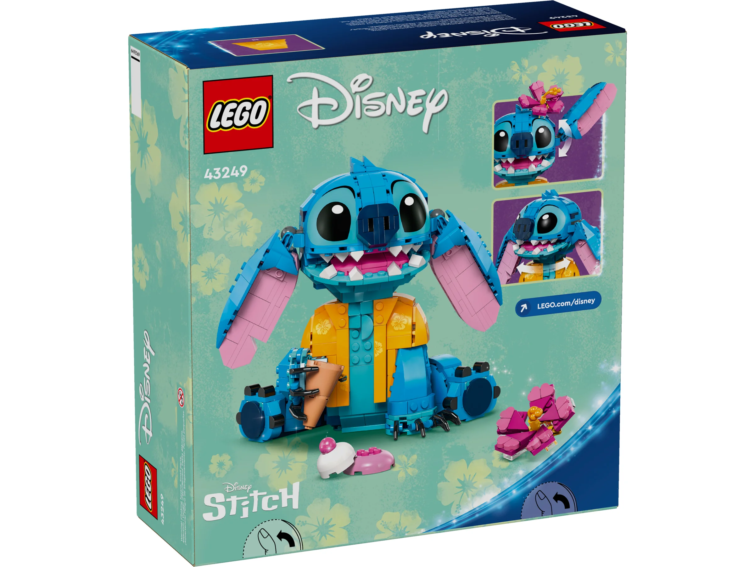 Cutia LEGO 43249 cu Stitch, arătând modelul principal și detalii despre funcții.