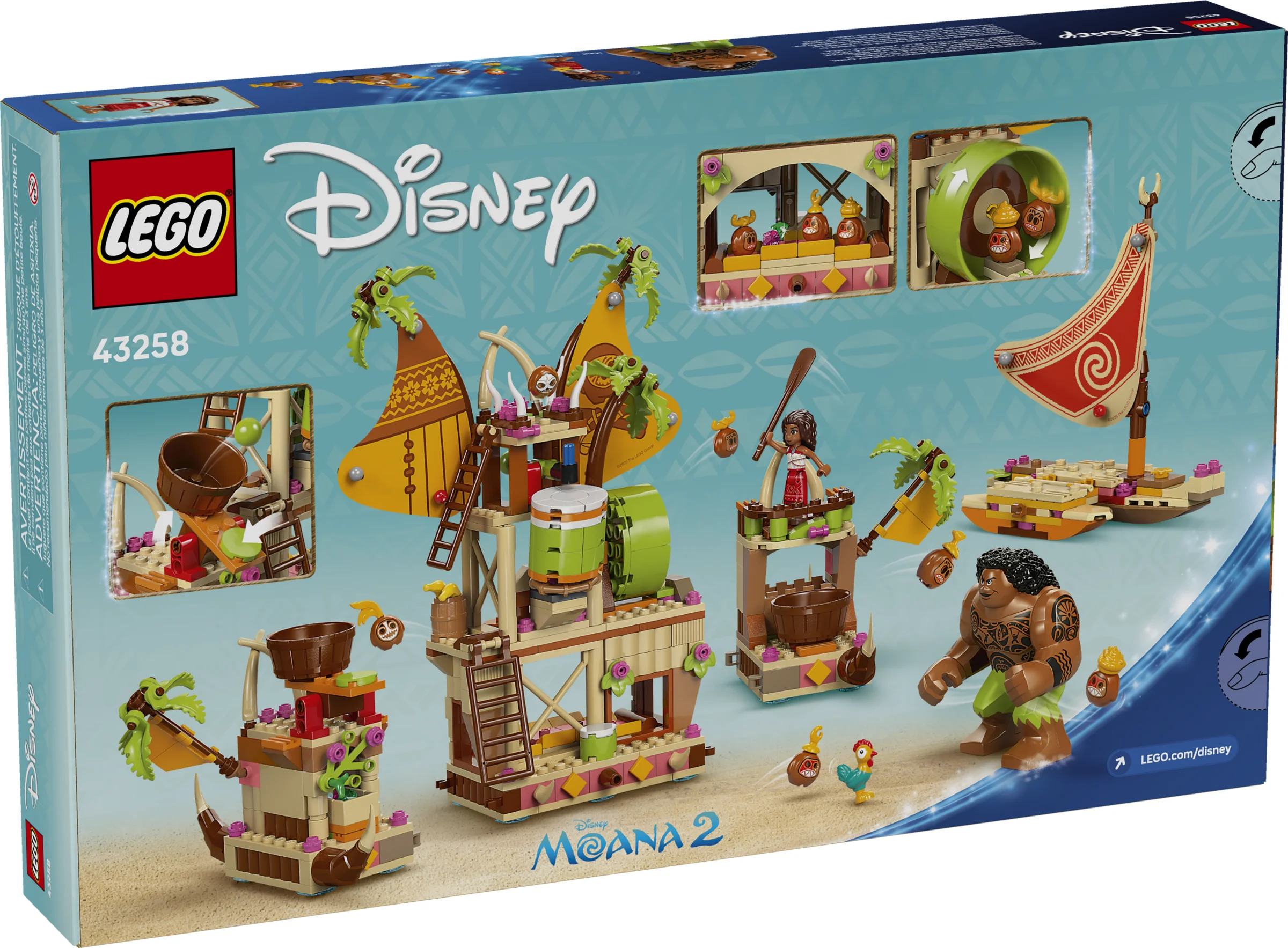 Spatele cutiei LEGO Disney 43258 Kakamora Barge. Prezintă scene și minifigurine incluse în set.