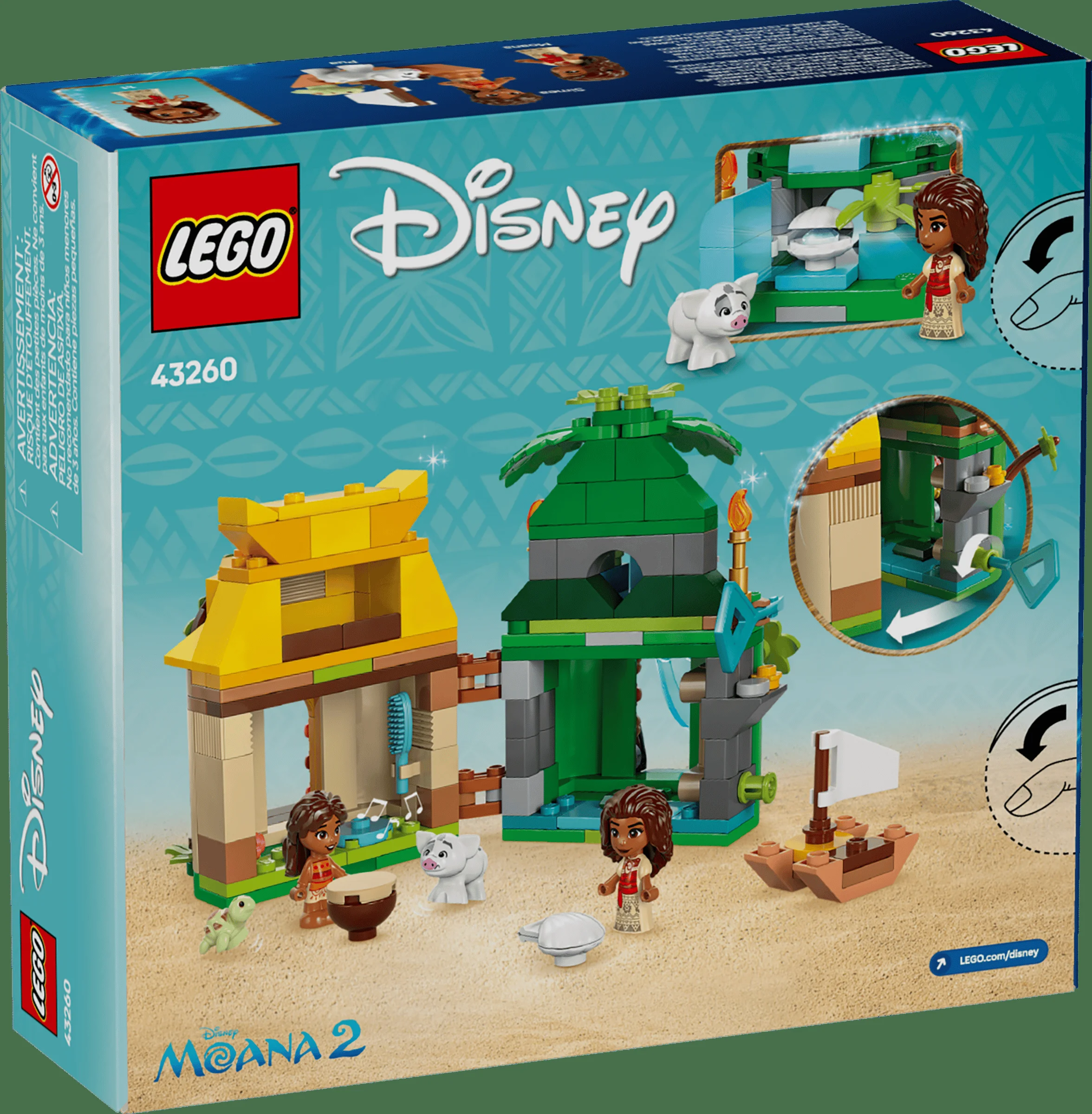 Cutia setului LEGO Disney Moana 43260, cu modelul și minifigurinele prezentate detaliat.