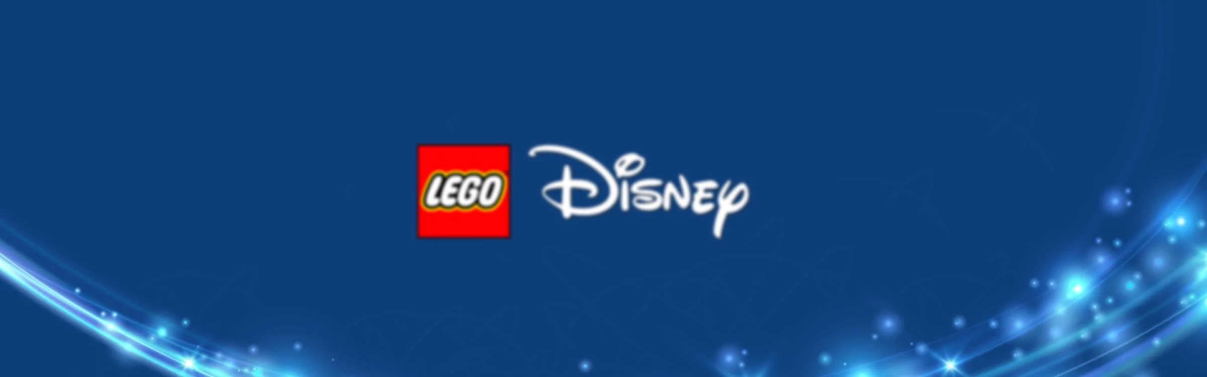 Logo LEGO și Disney pe un fundal albastru, cu efecte luminoase. Produs destinat colaborării LEGO Disney.