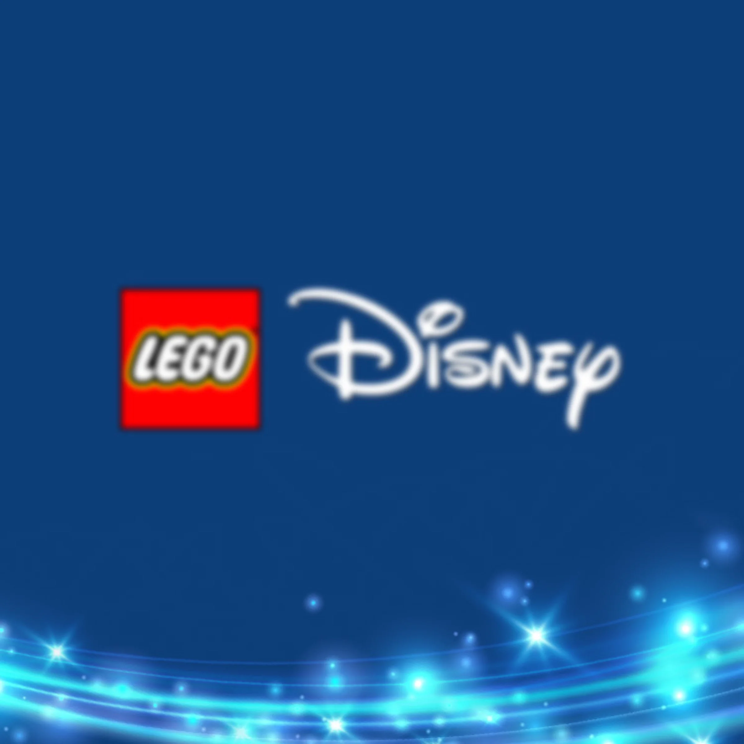 Logo-urile LEGO și Disney pe un fundal albastru cu sclipiri.