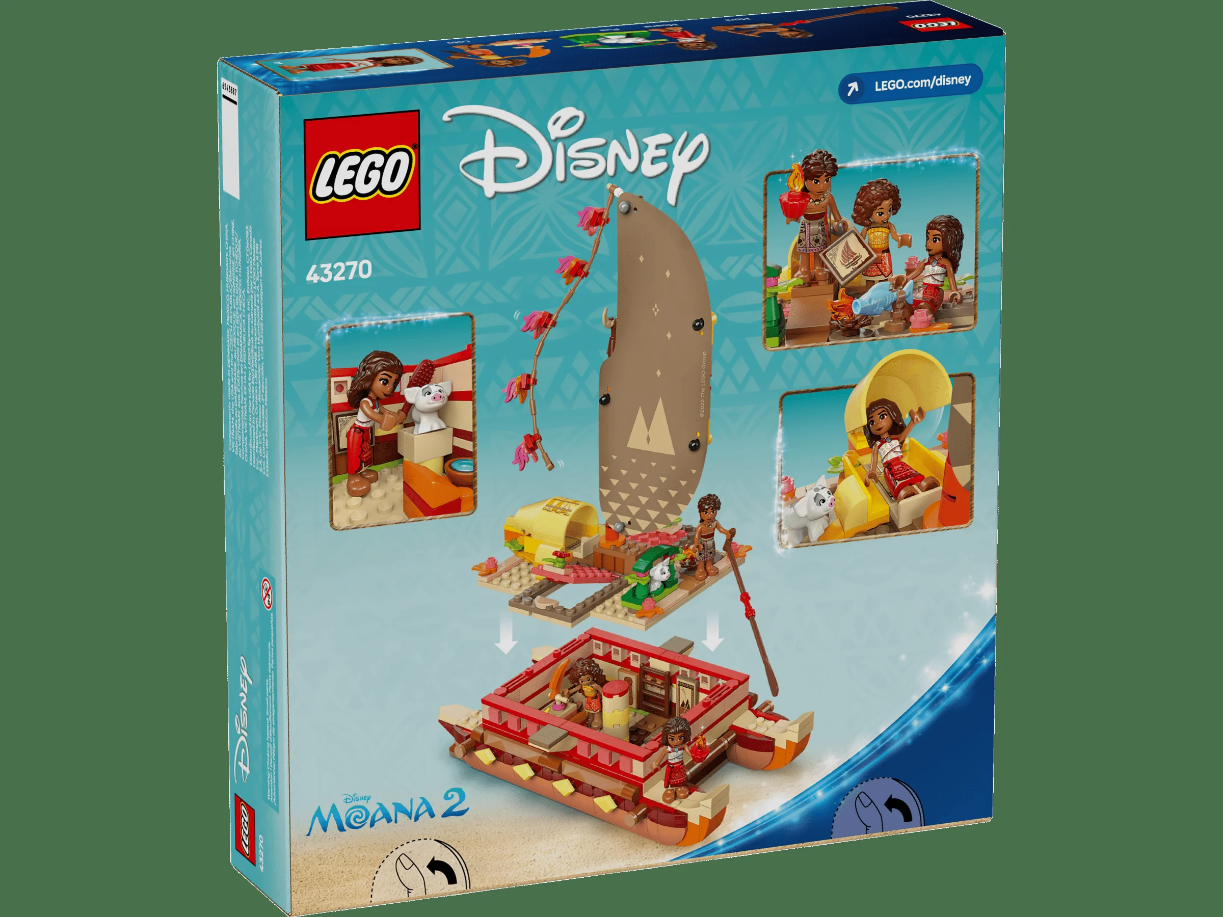 Imagine cu spatele cutiei setului LEGO 43270 Moana's Adventure Canoe, arătând detaliile și funcțiile.