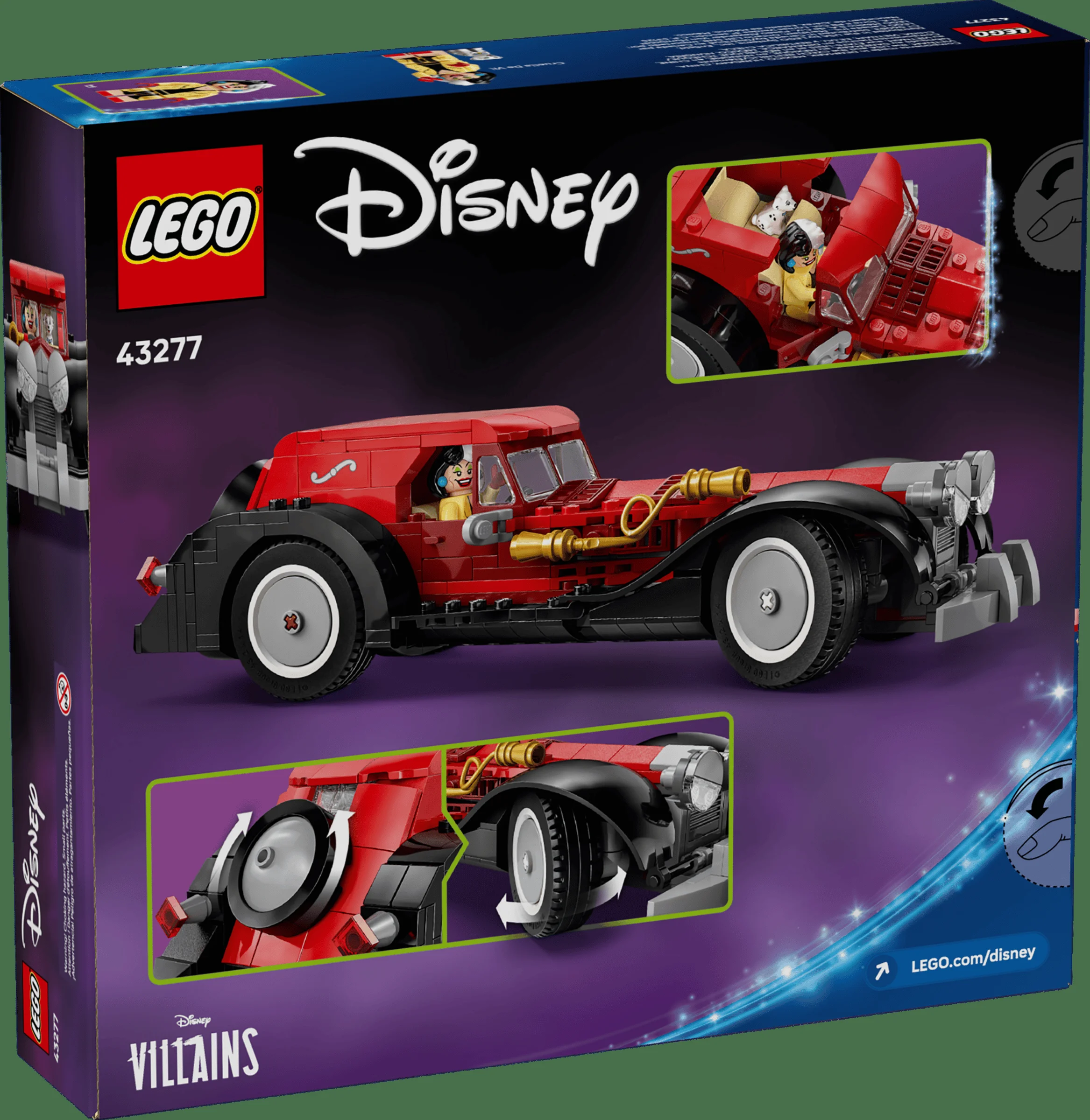 Cutia setului LEGO 43277, cu mașina Cruellei De Vil și detalii despre funcții.