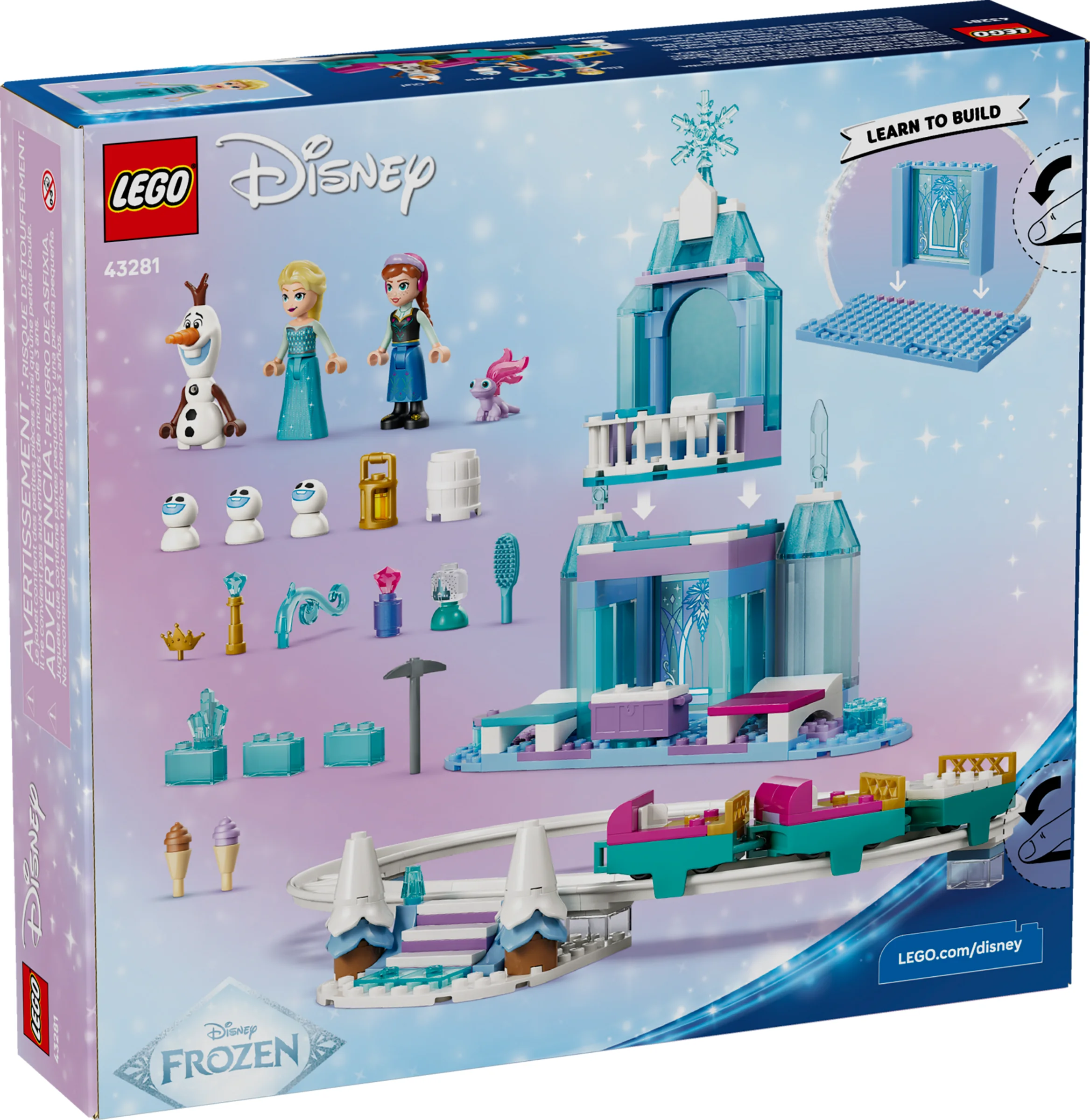 Cutia setului LEGO Disney 43281, prezentând elementele și procesul de construcție al castelului de gheață al Elsei.