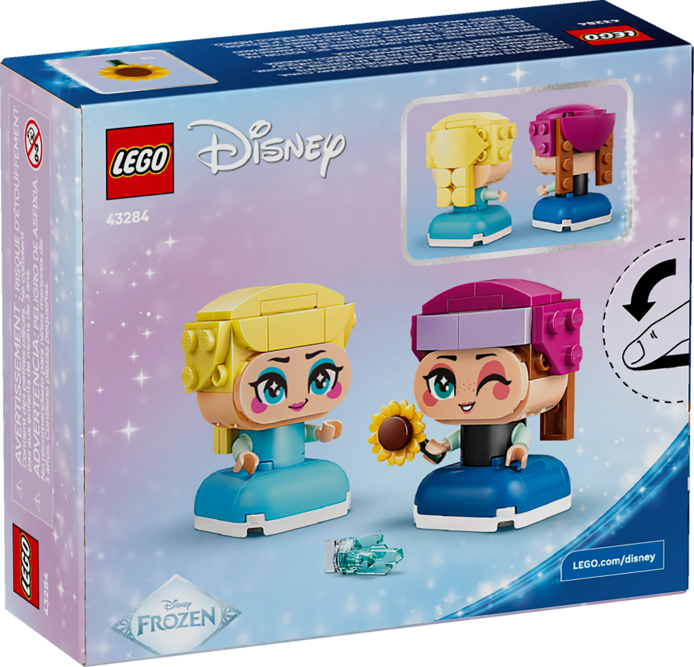 Cutia LEGO 43284 Mini Anna și Elsa prezintă personajele construite și o floare.
