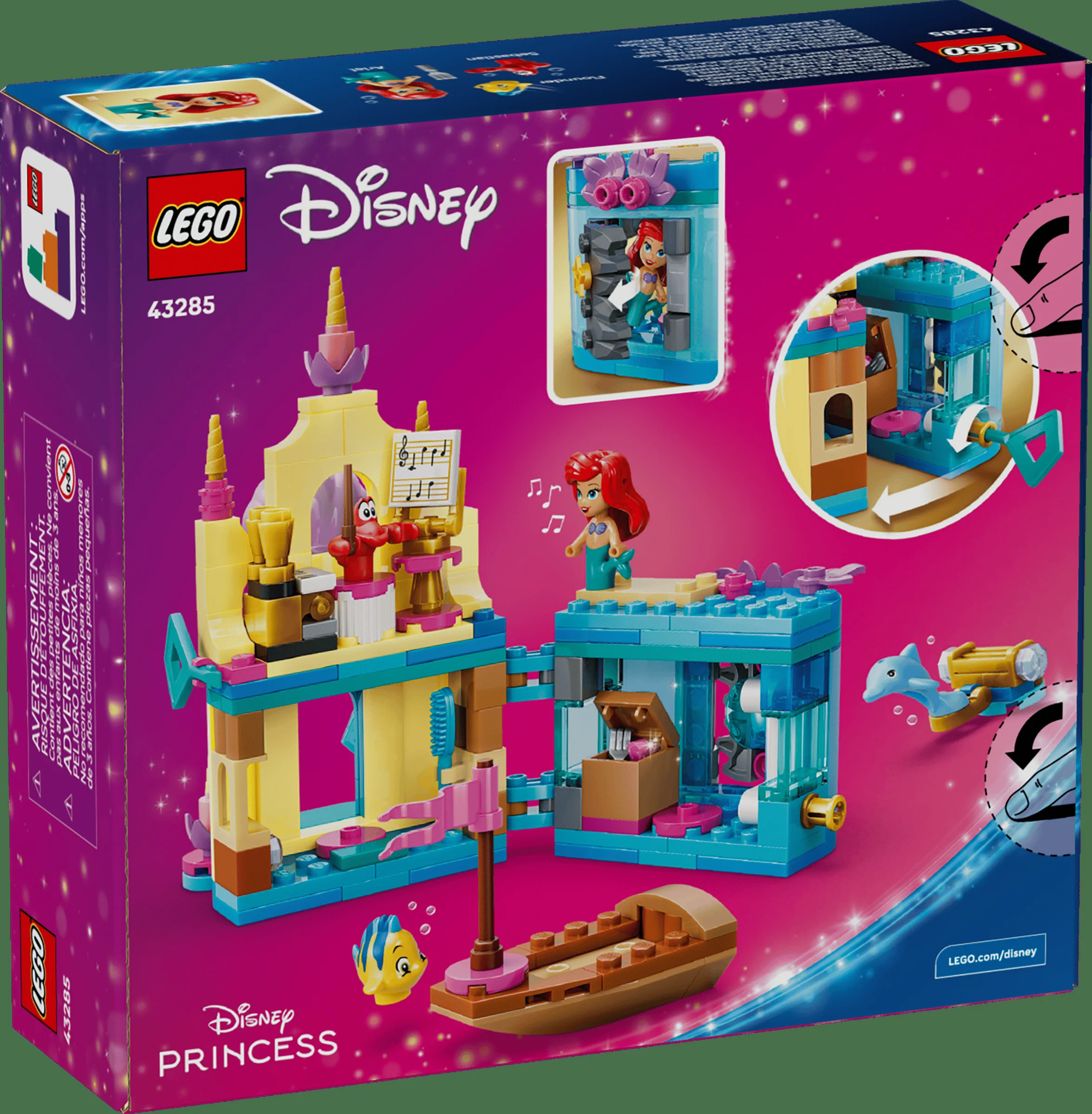Cutia setului LEGO Disney 43285, Palatul magic al lui Ariel, cu modelul și detaliile prezentate.