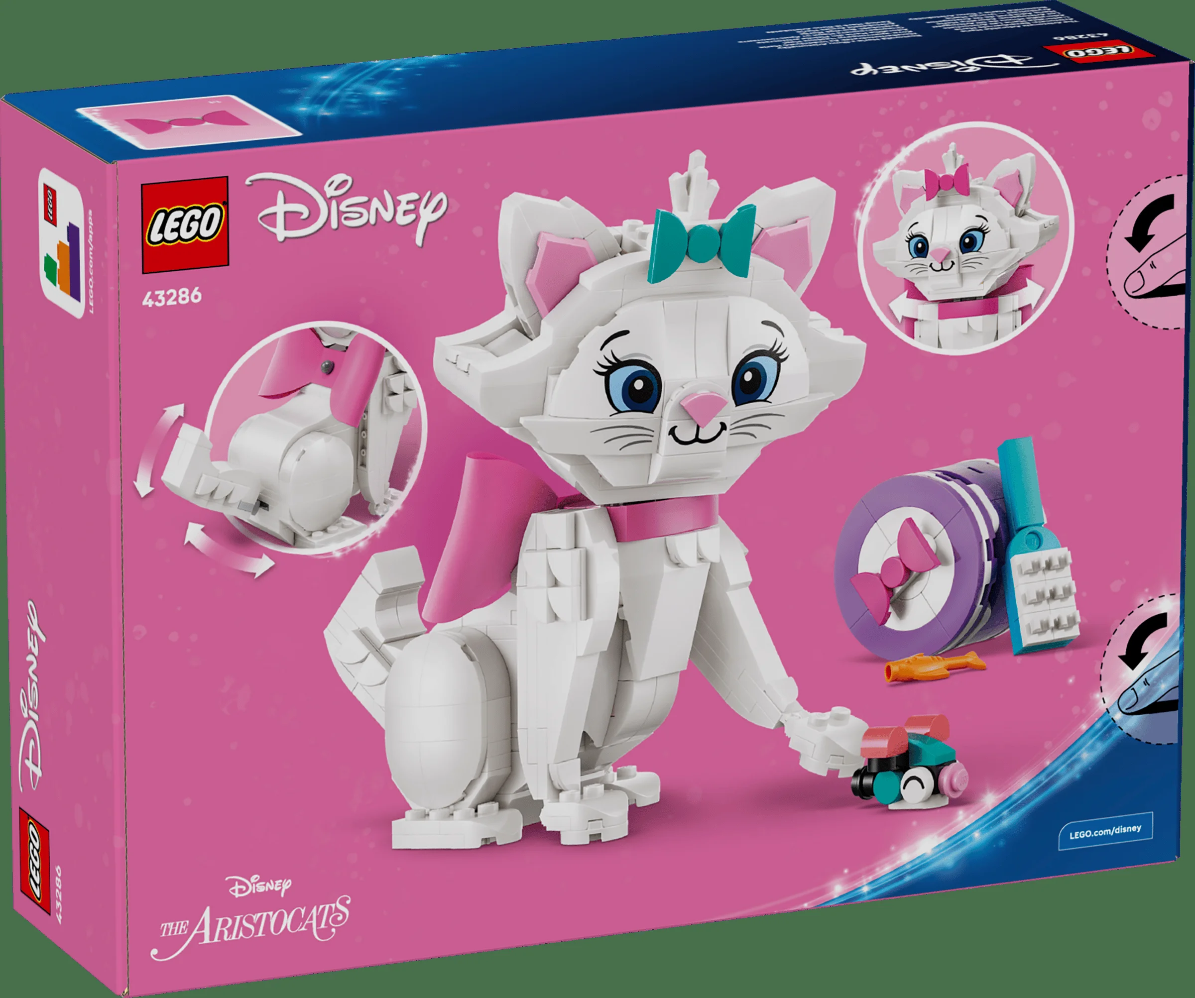 Cutie LEGO 43286, „Adorabila Marie”, cu pisica albă construită și accesorii. Design viu, prietenos.