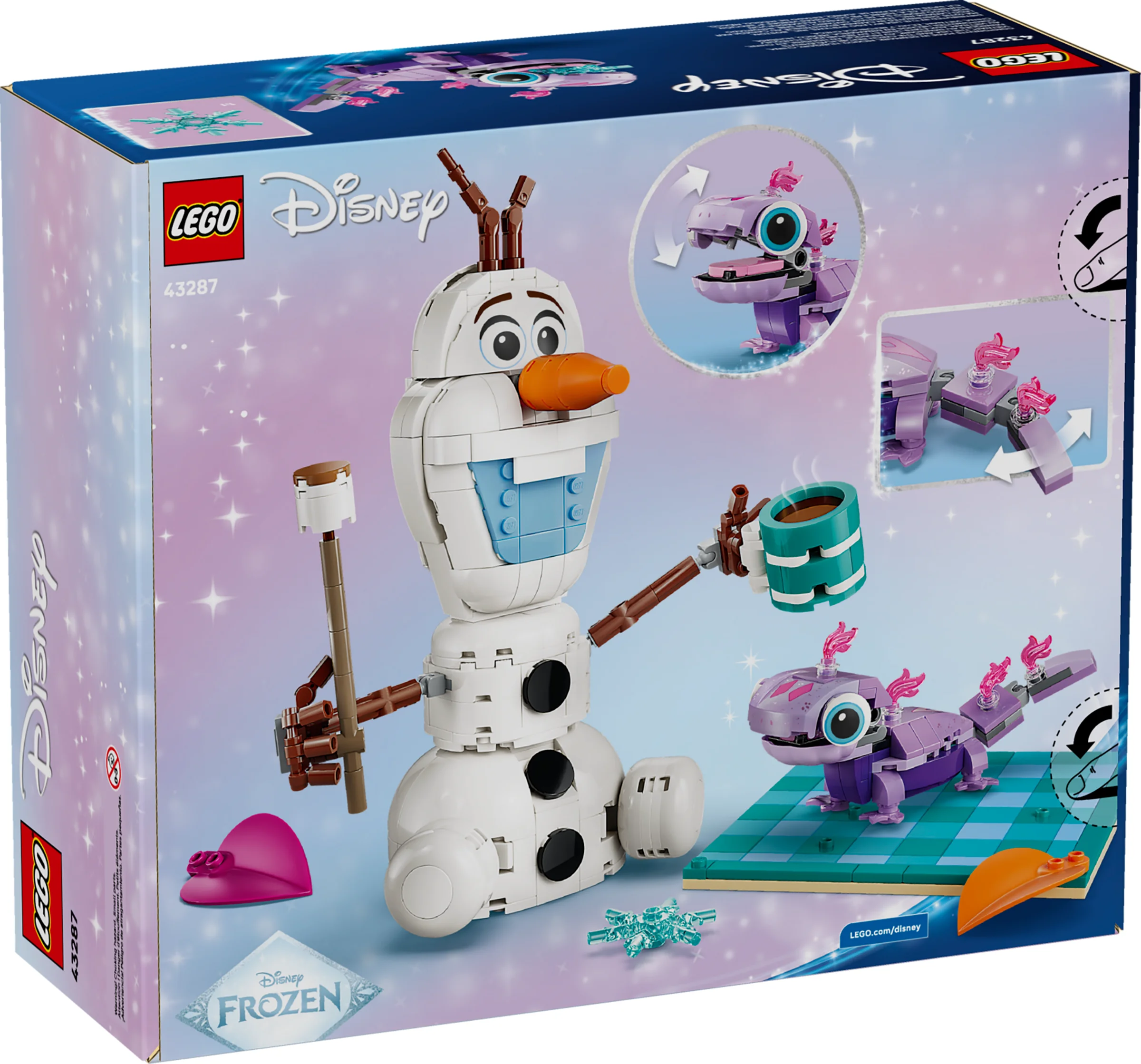 Cutia LEGO 43287 prezintă modelul completat Olaf și Bruni, cu accesorii de picnic.