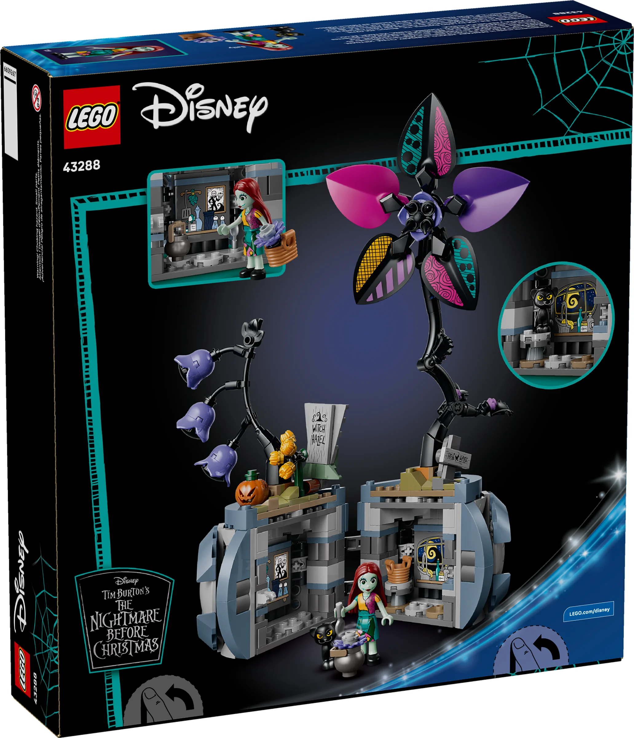 Cutia LEGO 43288 „Ghiozdanul lui Sally” prezintă modelul asamblat, o floare și două minifigurine Sally.