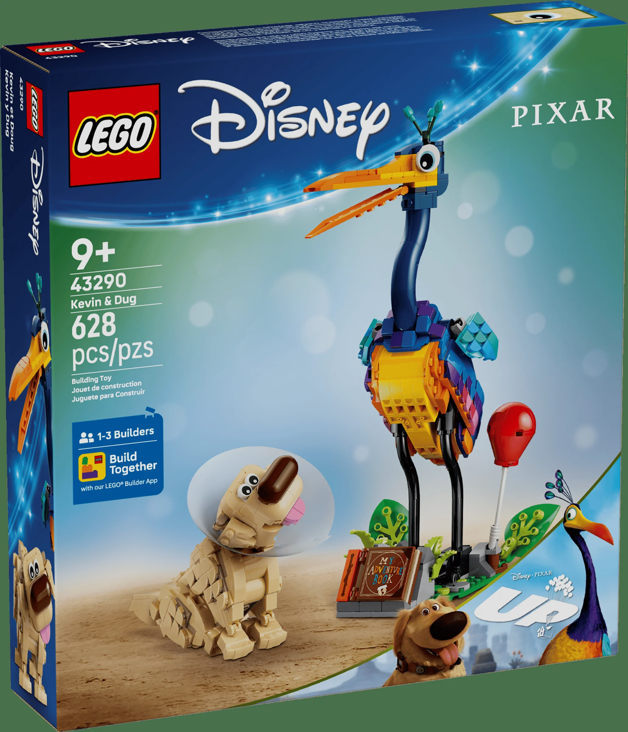 Cutia LEGO 43290 prezintă modelele construibile Kevin și Dug din filmul Disney Up.