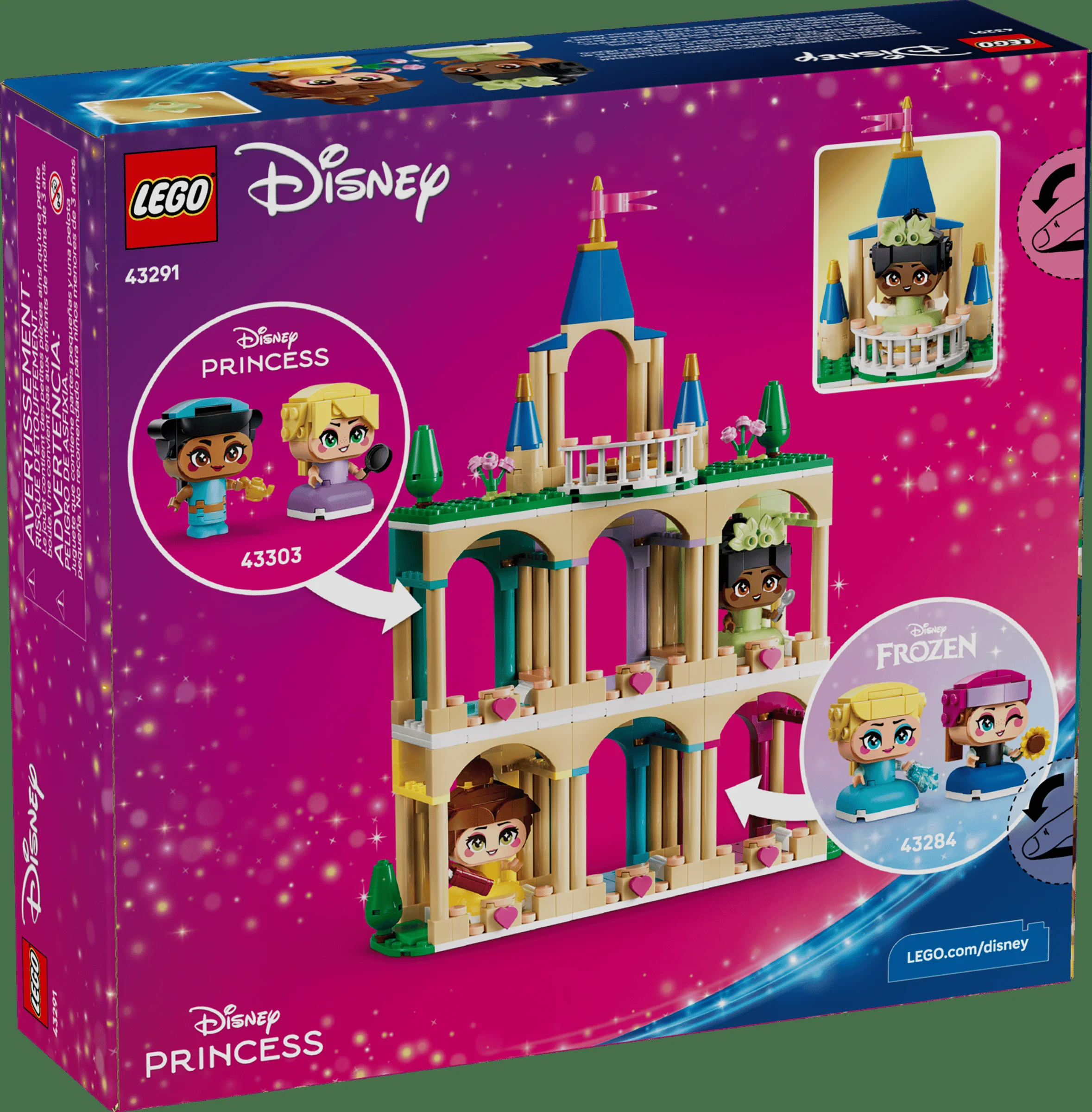 Cutia setului LEGO 43291 Mini Belle & Tiana cu castel, detaliind modelul și minifigurinele.