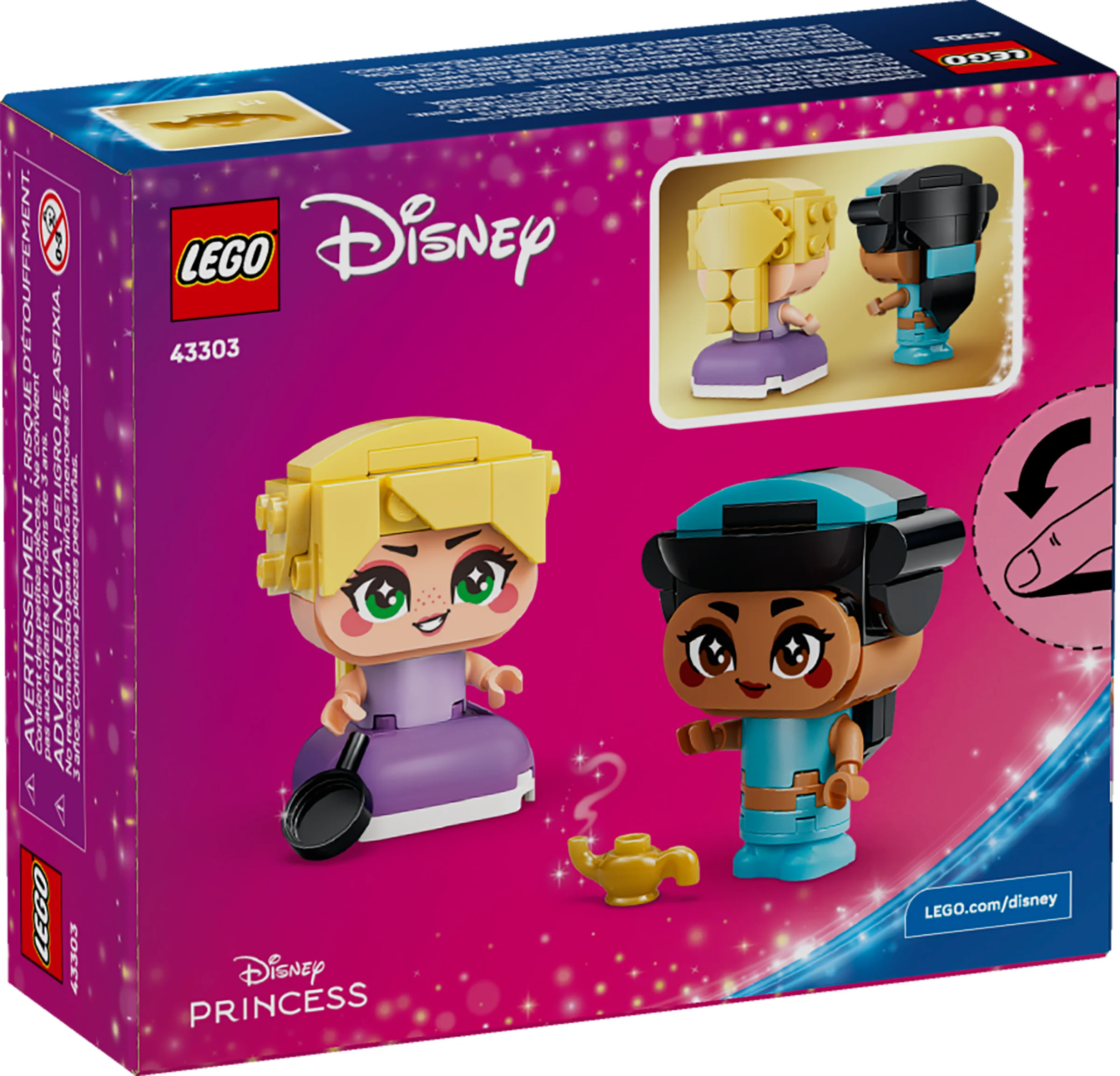Imagine cu spatele cutiei setului LEGO 43303, mini Jasmine și Rapunzel. Personaje detaliate.